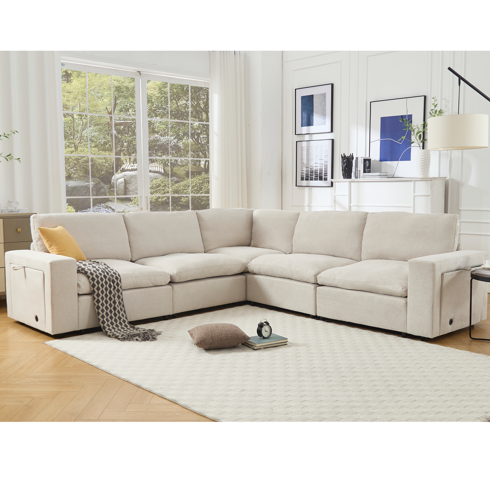 [NEW ARRIVED] [VIDEO PROVIDED]Sectional Couches For Living Room,Modular Couch,Wireless Charging Port & Cup Holders,5-seat ,DIY Combination,L-shaped Sofa,Book Storage Space,Soft Linen Fabric,Beige