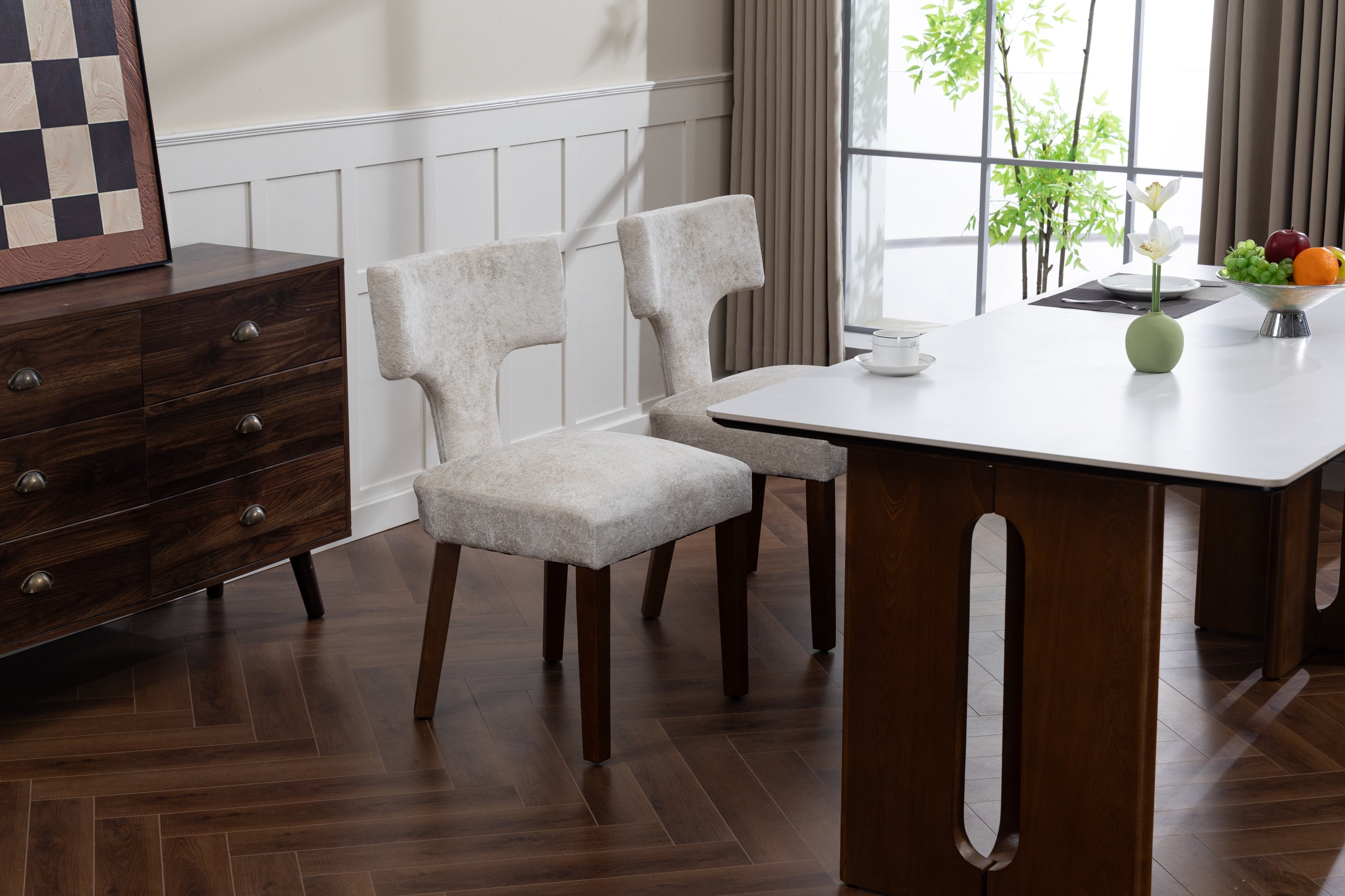 Mid Century Modern Dining Chairs Set of 2, Farmhouse Linen Fabric Upholstered Accent Chair,Kitchen Chairs with Hardwood Frame, Beige