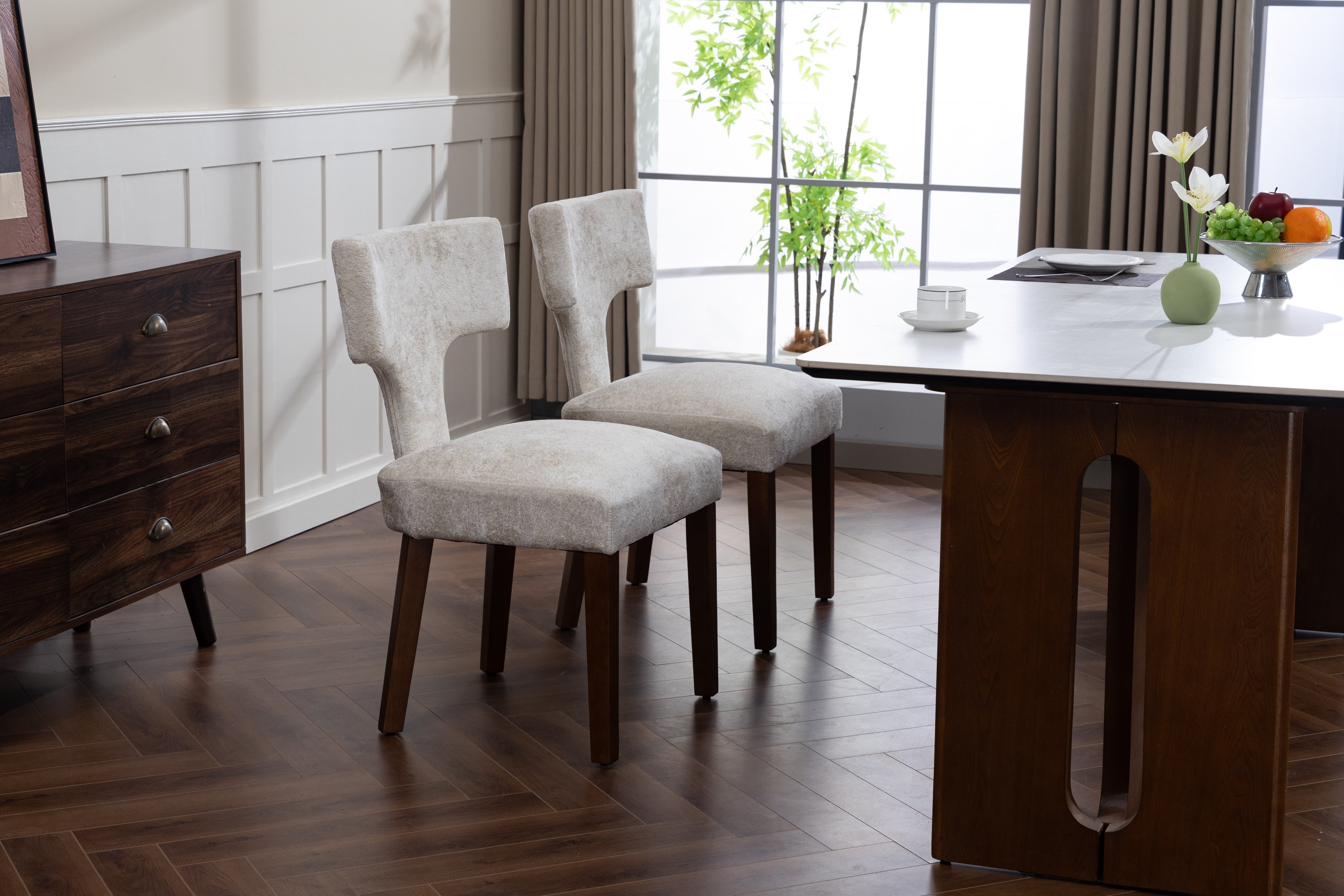 Mid Century Modern Dining Chairs Set of 2, Farmhouse Linen Fabric Upholstered Accent Chair,Kitchen Chairs with Hardwood Frame, Beige