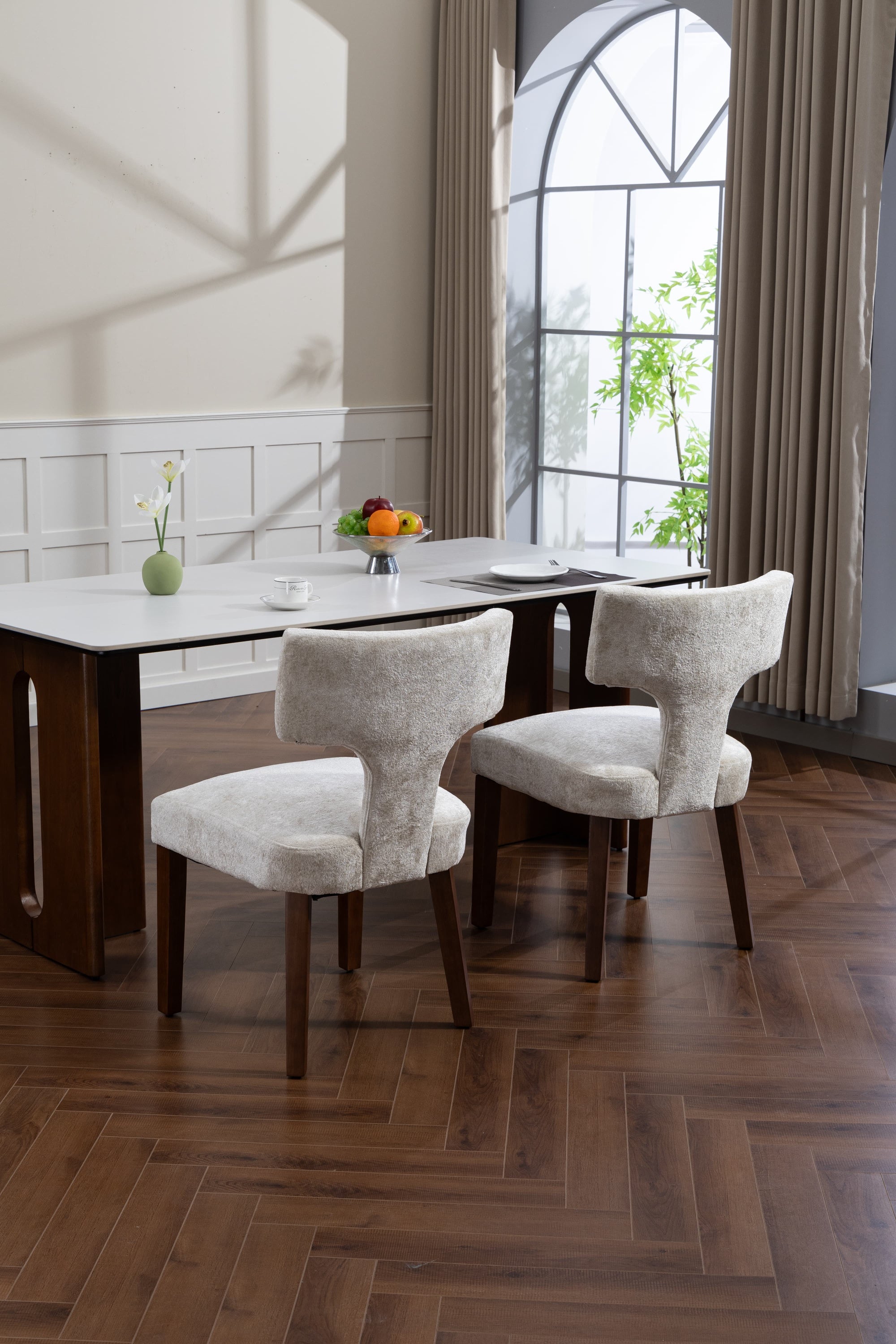 Mid Century Modern Dining Chairs Set of 2, Farmhouse Linen Fabric Upholstered Accent Chair,Kitchen Chairs with Hardwood Frame, Beige