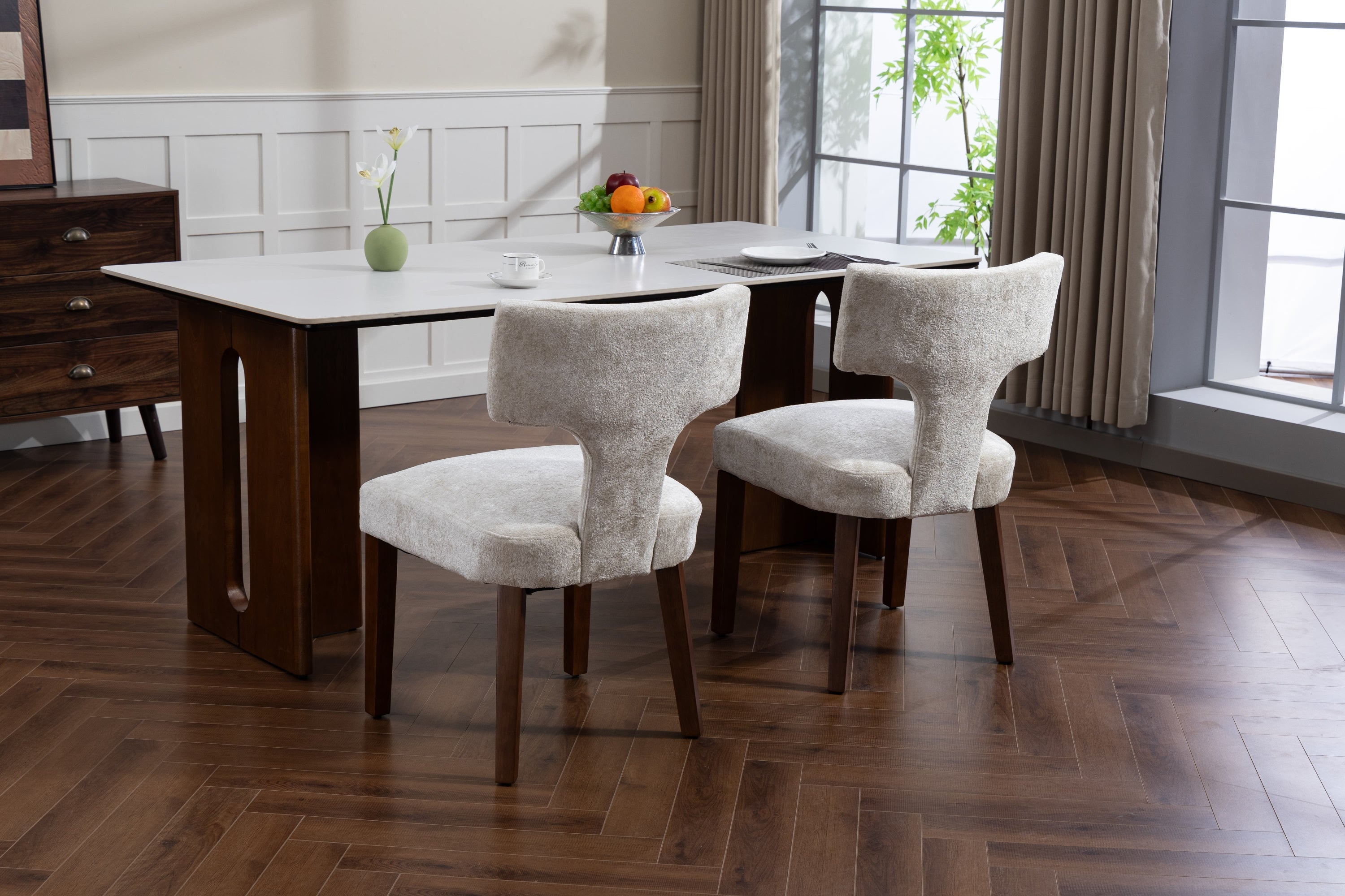 Mid Century Modern Dining Chairs Set of 2, Farmhouse Linen Fabric Upholstered Accent Chair,Kitchen Chairs with Hardwood Frame, Beige