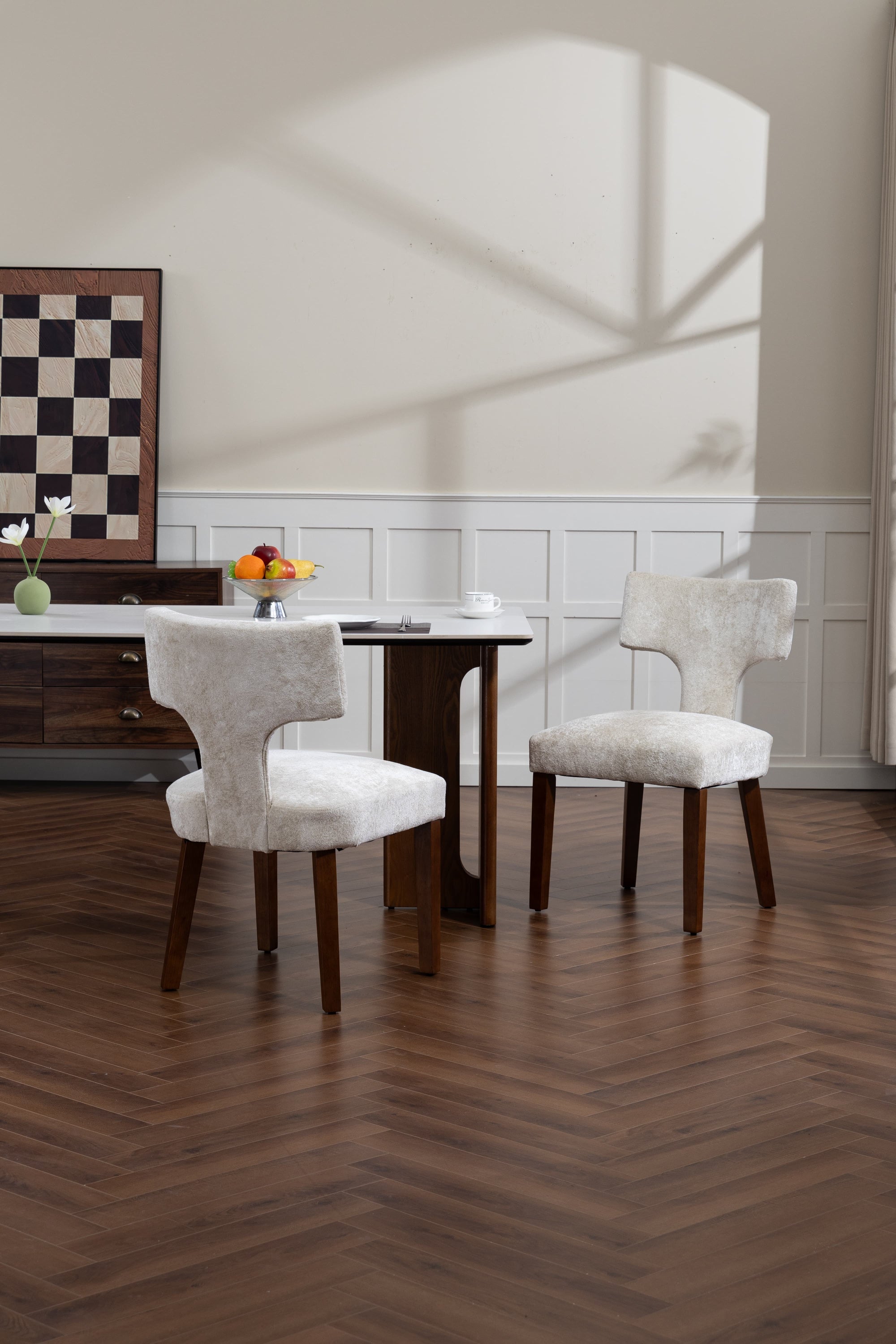 Mid Century Modern Dining Chairs Set of 2, Farmhouse Linen Fabric Upholstered Accent Chair,Kitchen Chairs with Hardwood Frame, Beige