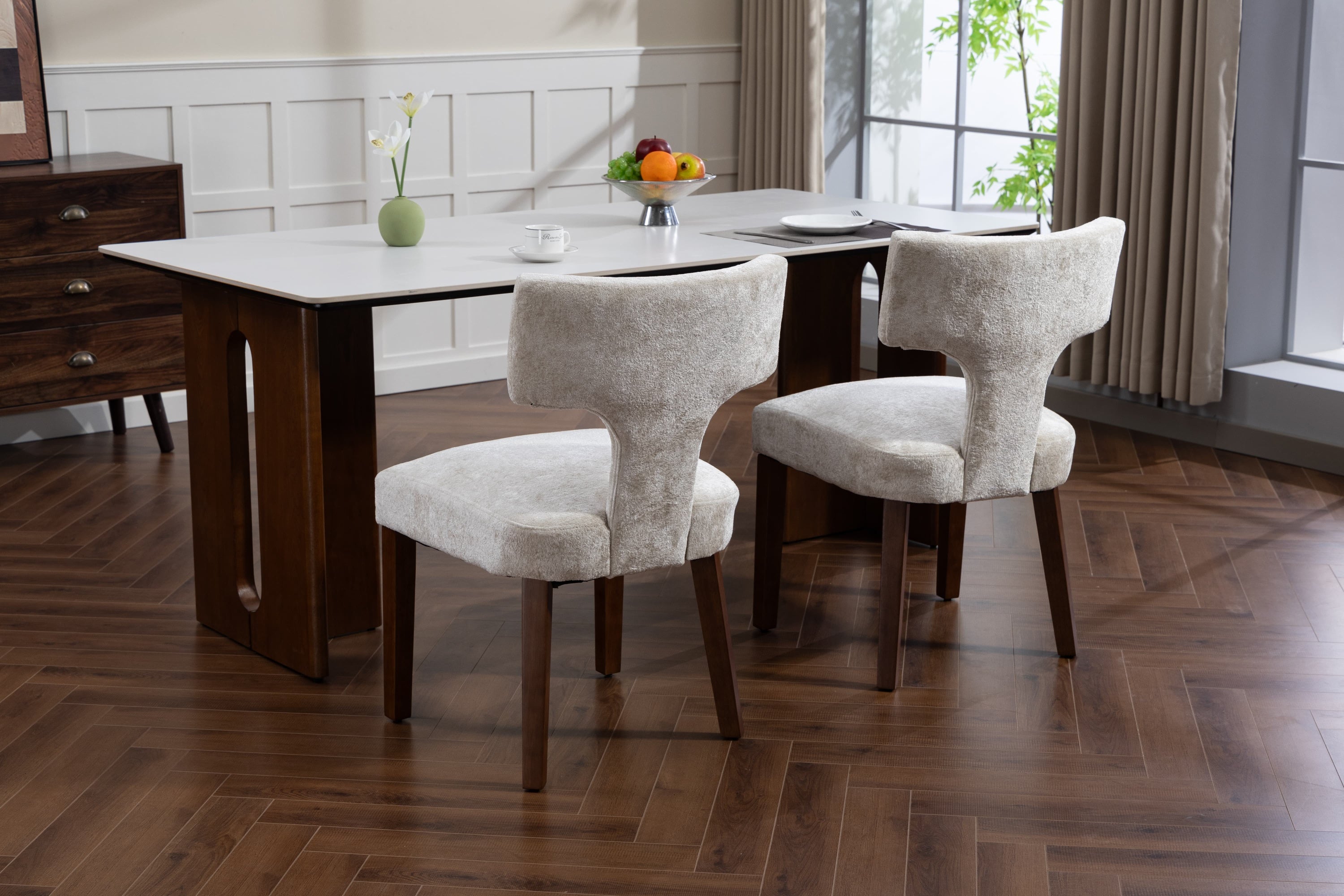 Mid Century Modern Dining Chairs Set of 2, Farmhouse Linen Fabric Upholstered Accent Chair,Kitchen Chairs with Hardwood Frame, Beige