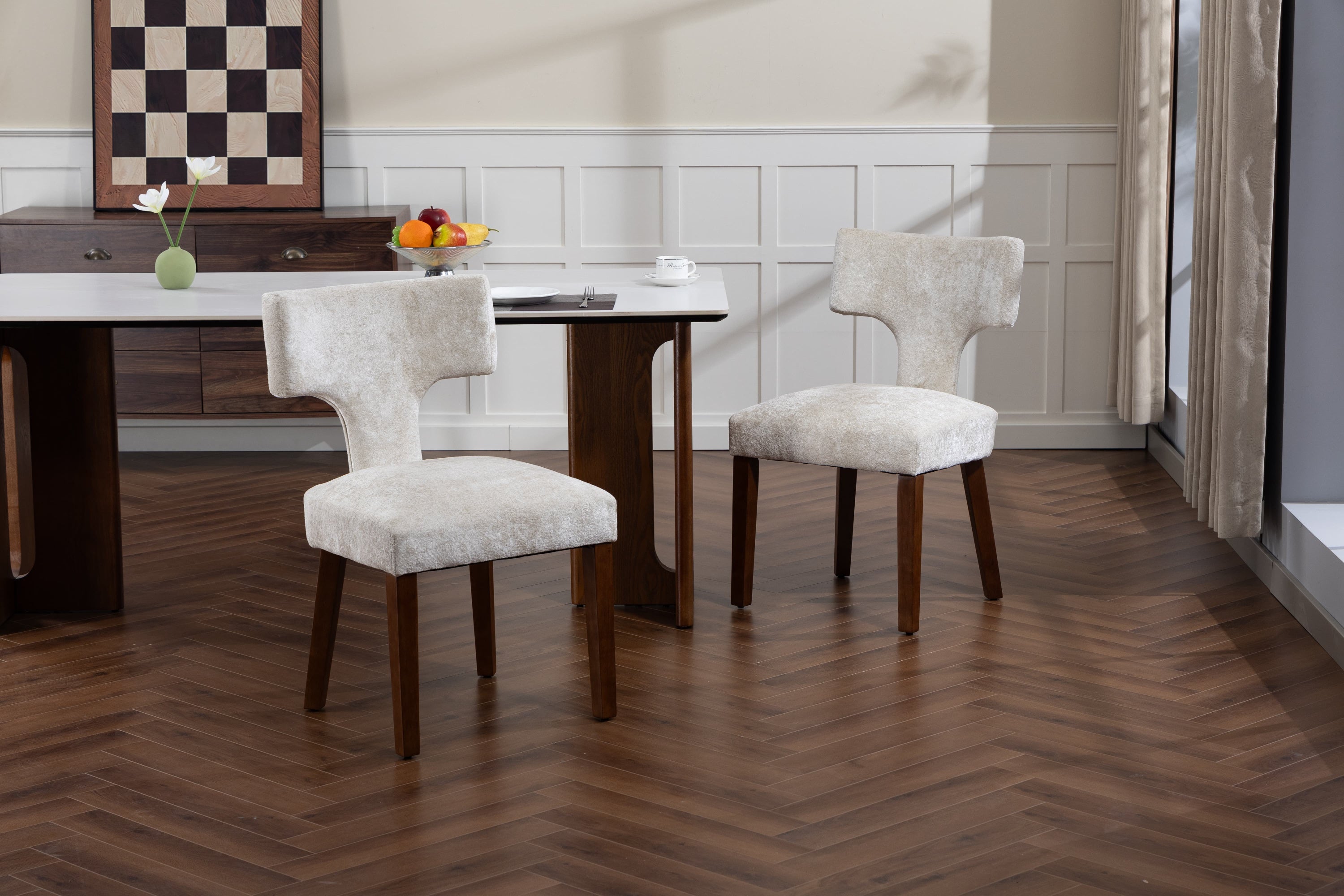 Mid Century Modern Dining Chairs Set of 2, Farmhouse Linen Fabric Upholstered Accent Chair,Kitchen Chairs with Hardwood Frame, Beige