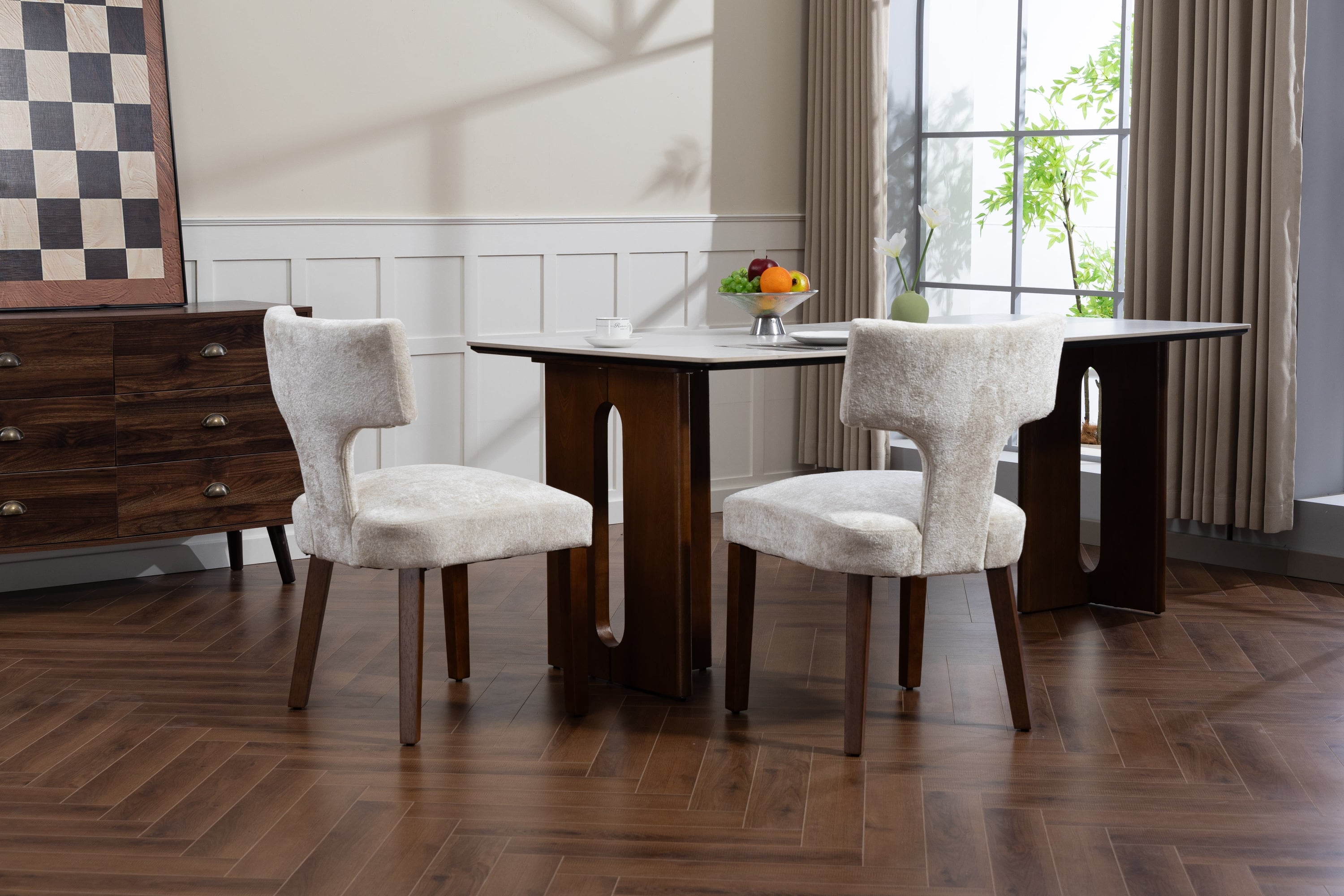 Mid Century Modern Dining Chairs Set of 2, Farmhouse Linen Fabric Upholstered Accent Chair,Kitchen Chairs with Hardwood Frame, Beige