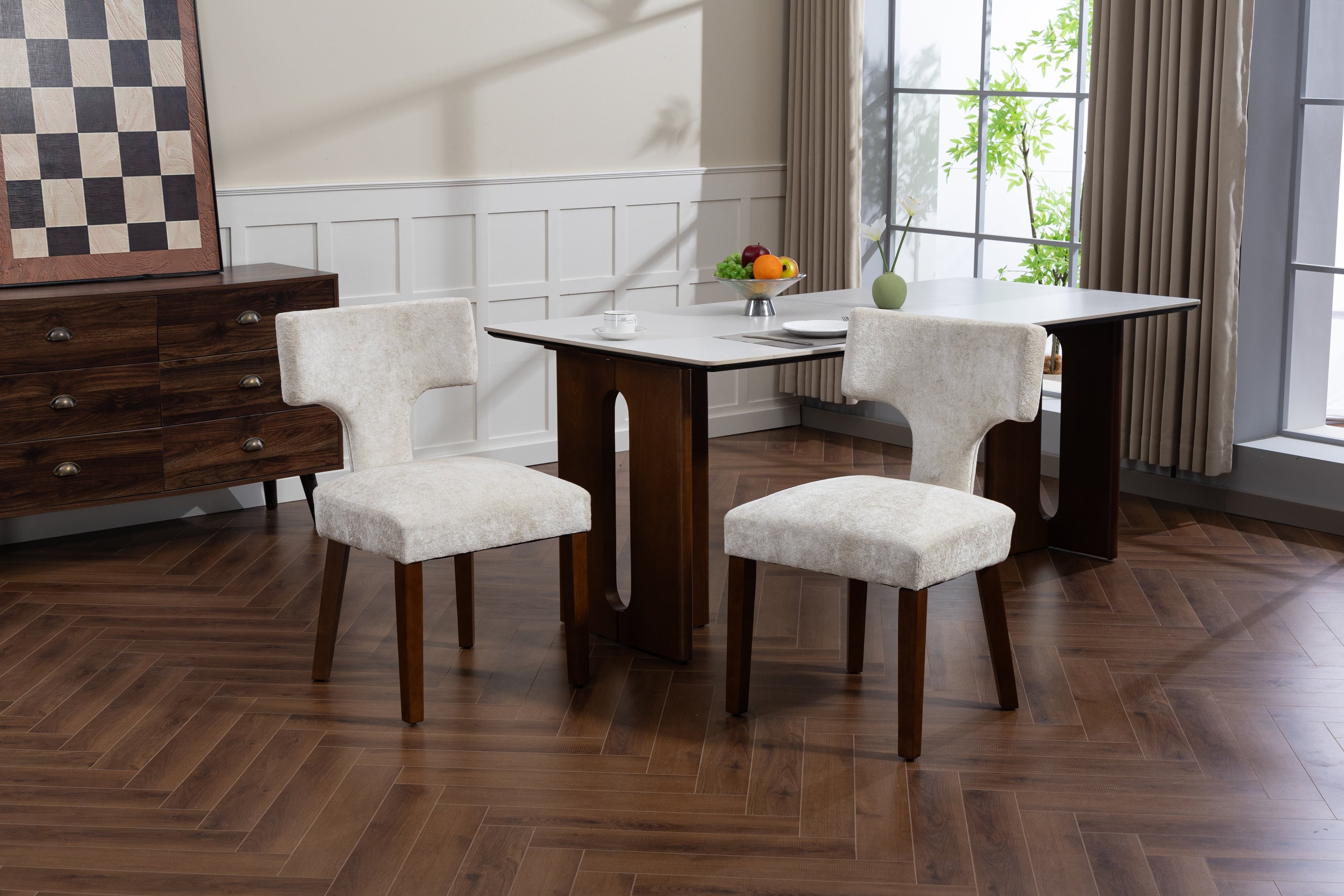 Mid Century Modern Dining Chairs Set of 2, Farmhouse Linen Fabric Upholstered Accent Chair,Kitchen Chairs with Hardwood Frame, Beige