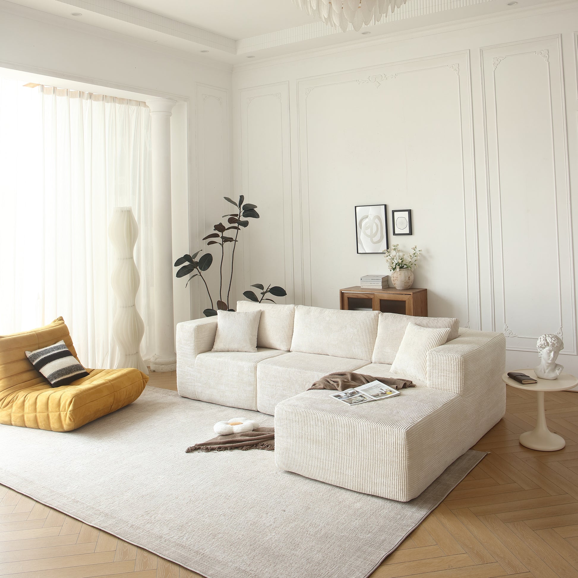 H613 Sectional Sofa and Module, Mid-Century Modern L Shaped Couches 3-Seat Sofa for Living Room Beige Right