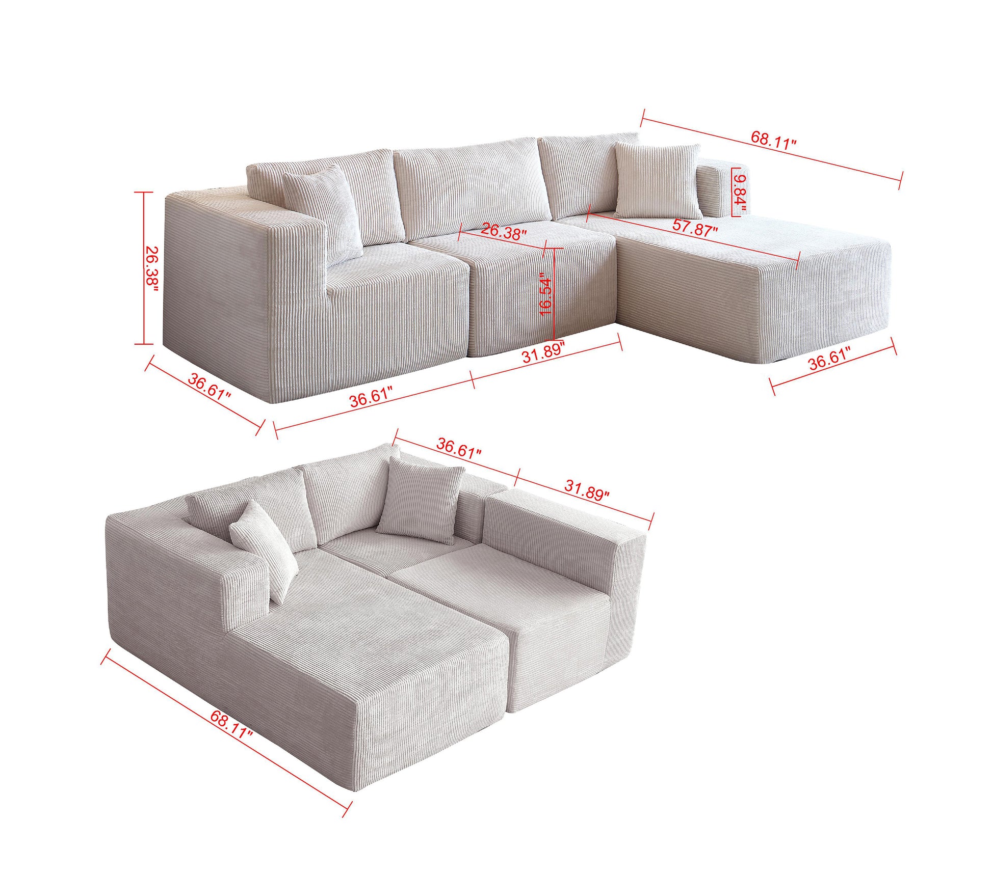 H613 Sectional Sofa and Module, Mid-Century Modern L Shaped Couches 3-Seat Sofa for Living Room Beige Right