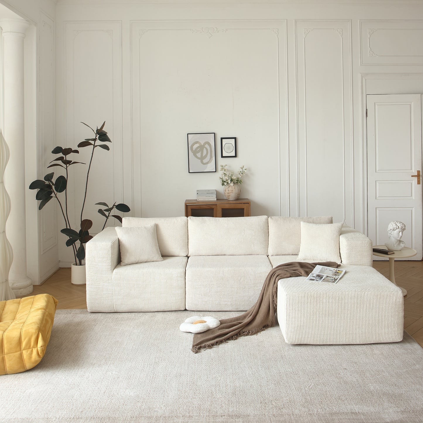 H613 Sectional Sofa and Module, Mid-Century Modern L Shaped Couches 3-Seat Sofa for Living Room Beige Right