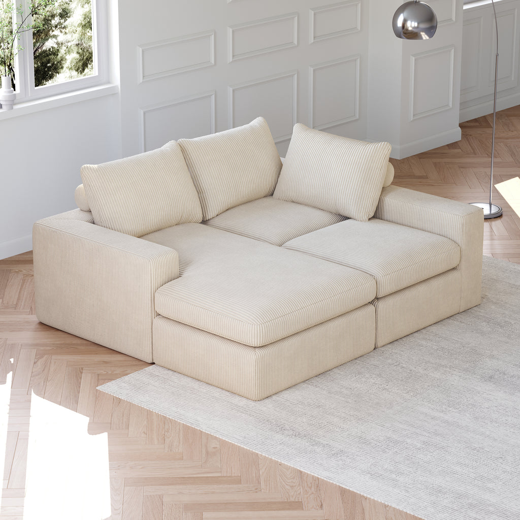 99-Inch Boneless Couch with Chaise, L-Shaped Modern Upholstered Sectional Sofa with Three pillows, Corduroy Sectional Sofa for Living Room and Bedroom, No Assembly Required