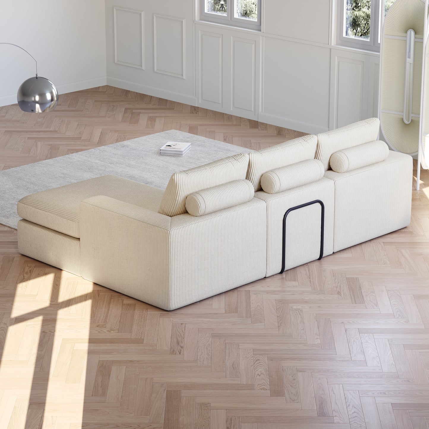 99-Inch Boneless Couch with Chaise, L-Shaped Modern Upholstered Sectional Sofa with Three pillows, Corduroy Sectional Sofa for Living Room and Bedroom, No Assembly Required