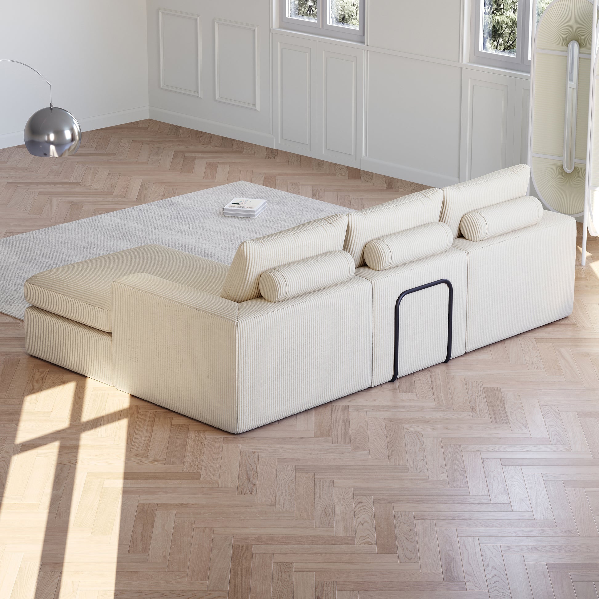 99-Inch Boneless Couch with Chaise, L-Shaped Modern Upholstered Sectional Sofa with Three pillows, Corduroy Sectional Sofa for Living Room and Bedroom, No Assembly Required