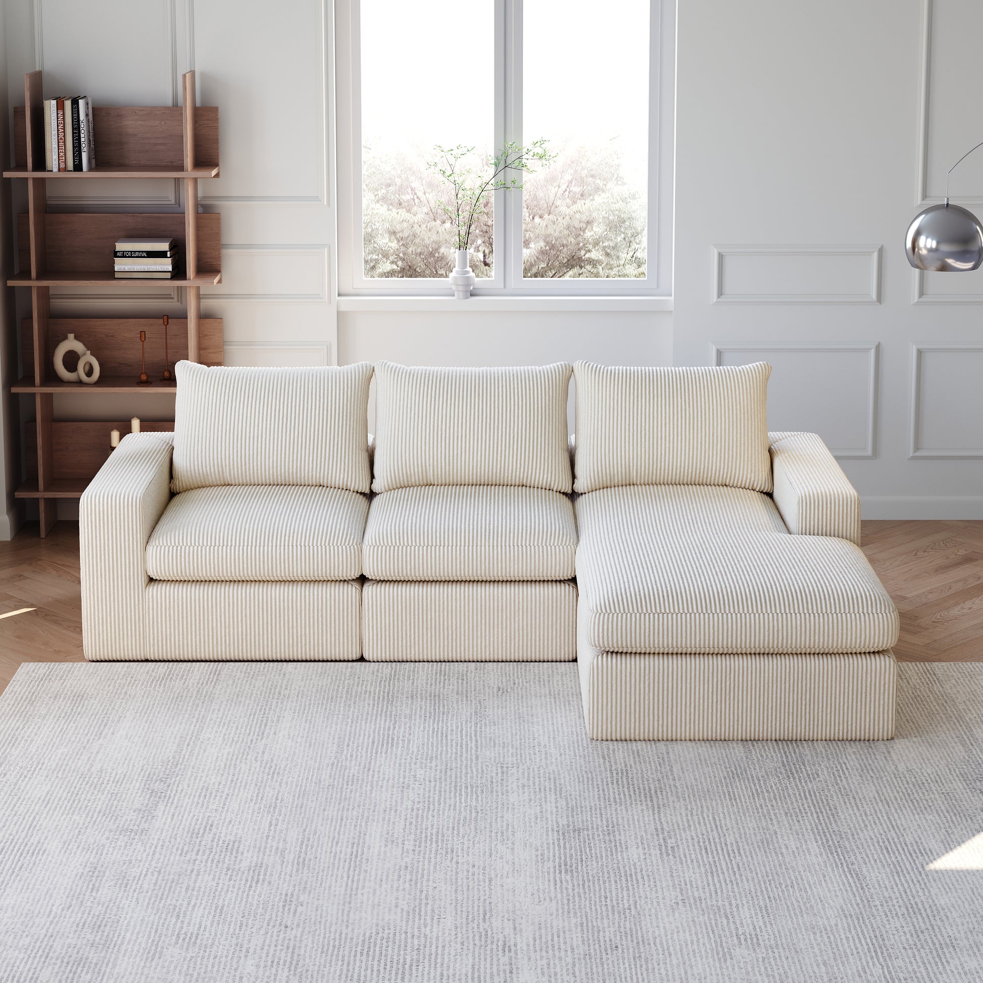 99-Inch Boneless Couch with Chaise, L-Shaped Modern Upholstered Sectional Sofa with Three pillows, Corduroy Sectional Sofa for Living Room and Bedroom, No Assembly Required