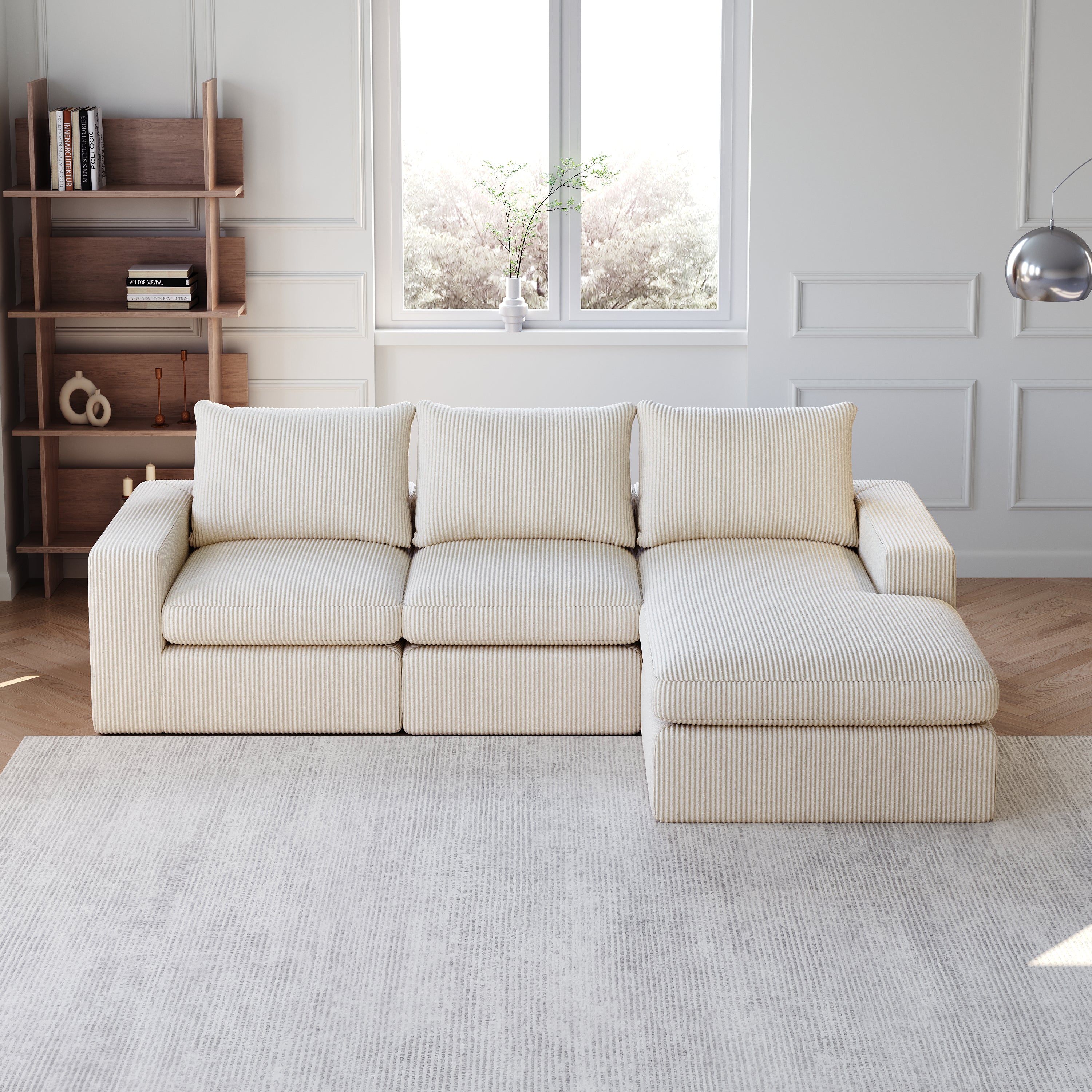 99-Inch Boneless Couch with Chaise, L-Shaped Modern Upholstered Sectional Sofa with Three pillows, Corduroy Sectional Sofa for Living Room and Bedroom, No Assembly Required