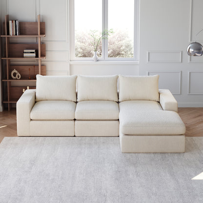 99-Inch Boneless Couch with Chaise, L-Shaped Modern Upholstered Sectional Sofa with Three pillows, Corduroy Sectional Sofa for Living Room and Bedroom, No Assembly Required