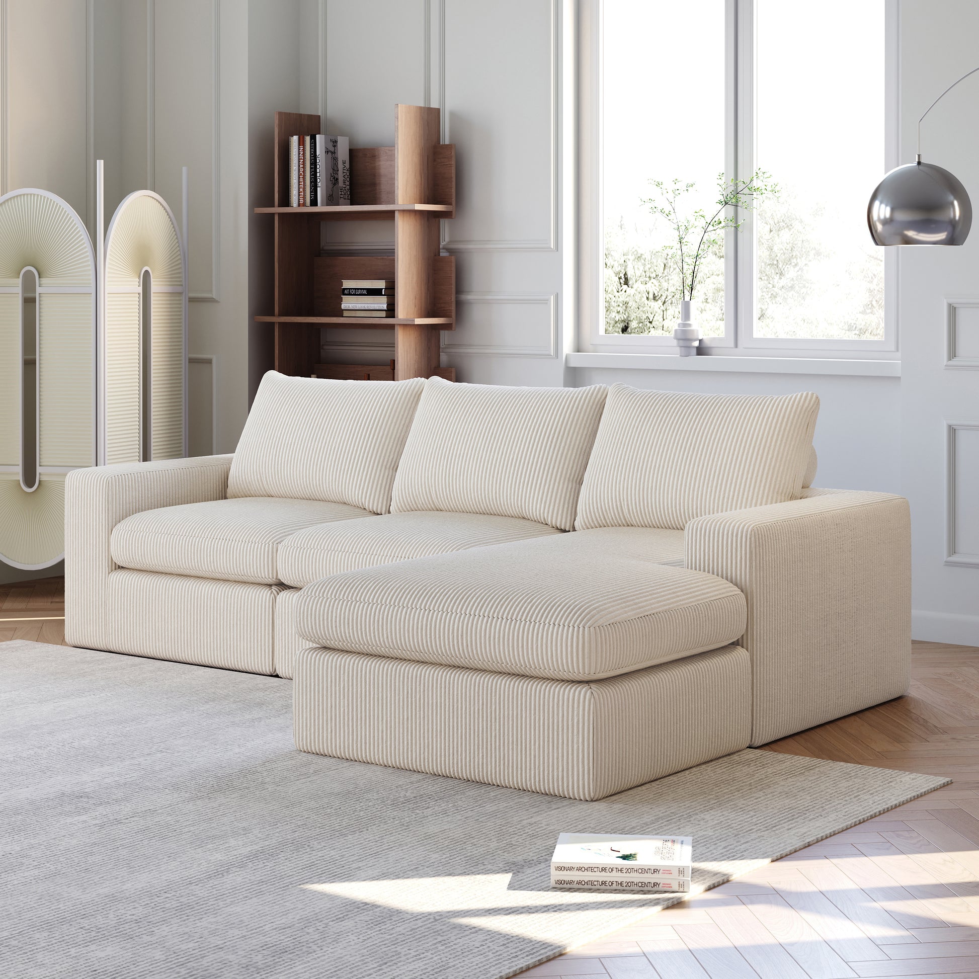 99-Inch Boneless Couch with Chaise, L-Shaped Modern Upholstered Sectional Sofa with Three pillows, Corduroy Sectional Sofa for Living Room and Bedroom, No Assembly Required