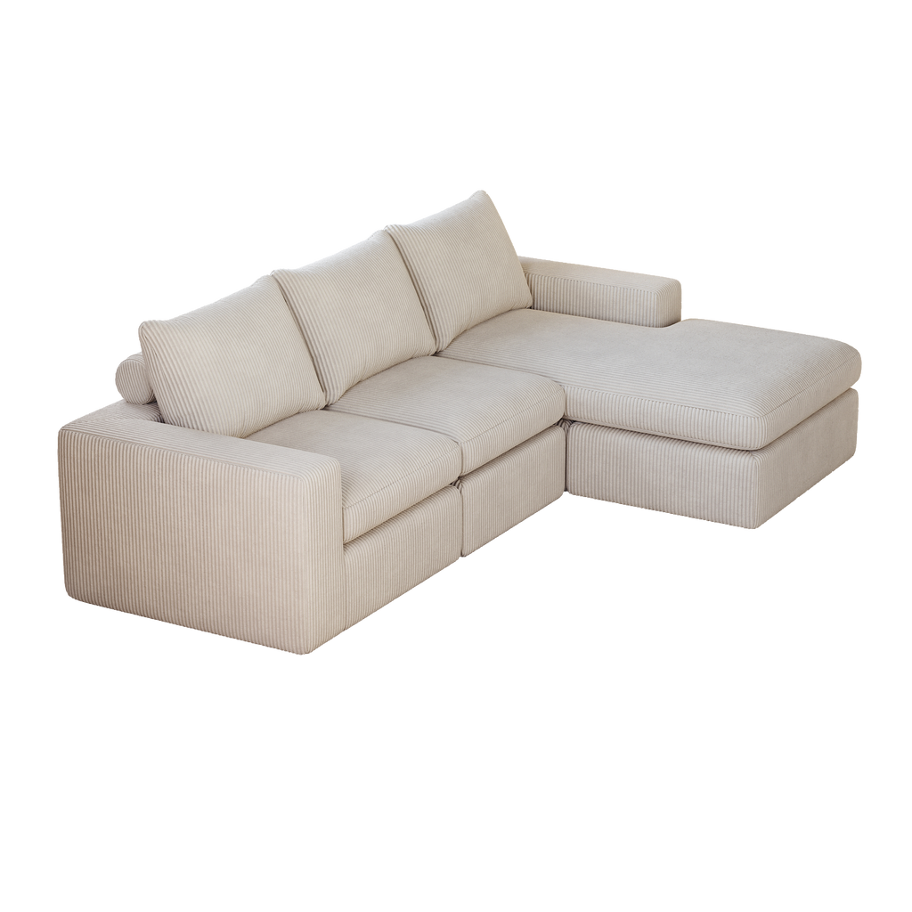 99-Inch Boneless Couch with Chaise, L-Shaped Modern Upholstered Sectional Sofa with Three pillows, Corduroy Sectional Sofa for Living Room and Bedroom, No Assembly Required