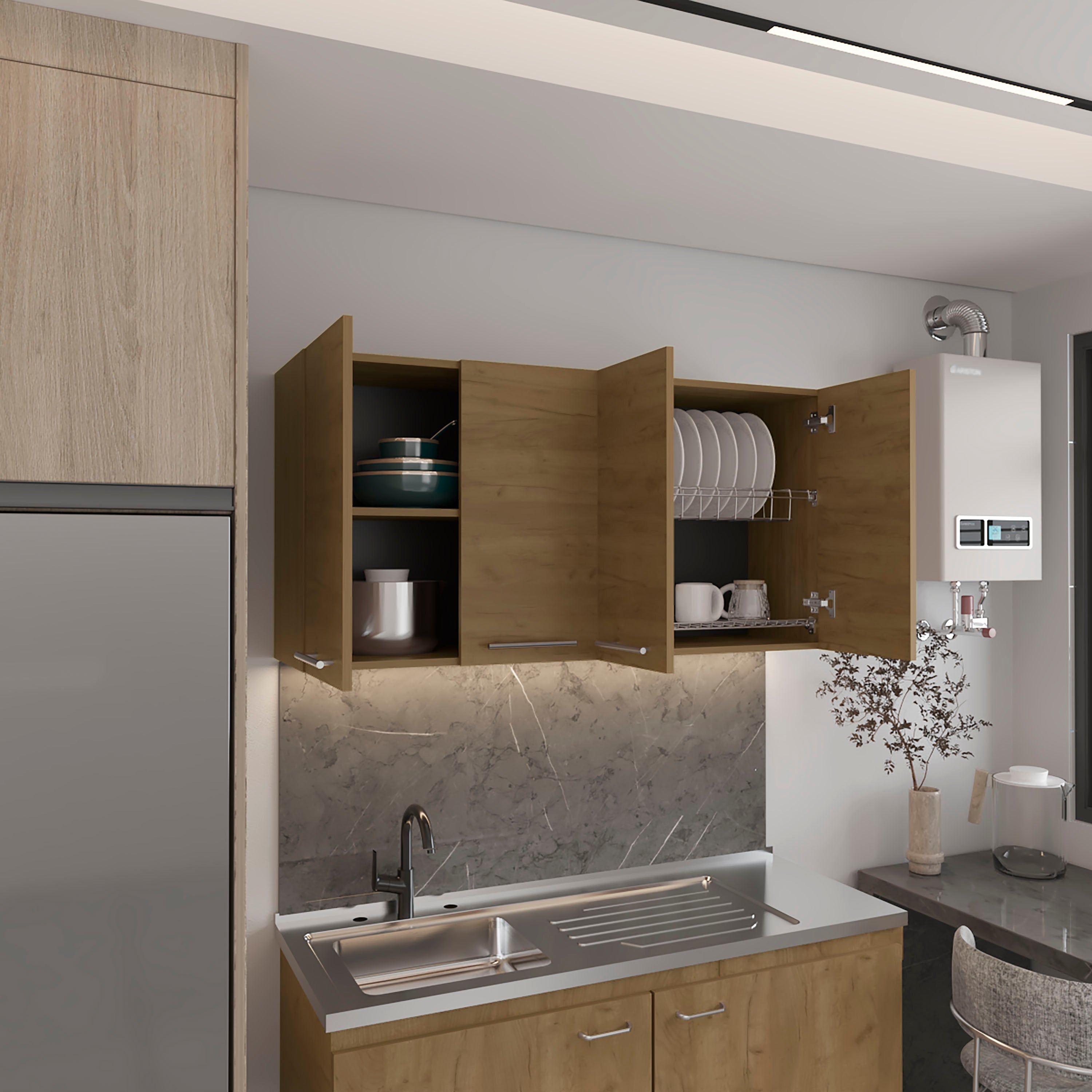 120 Wall Cabinet , Four Doors, Two Cabinets, Two Shelves, Beige