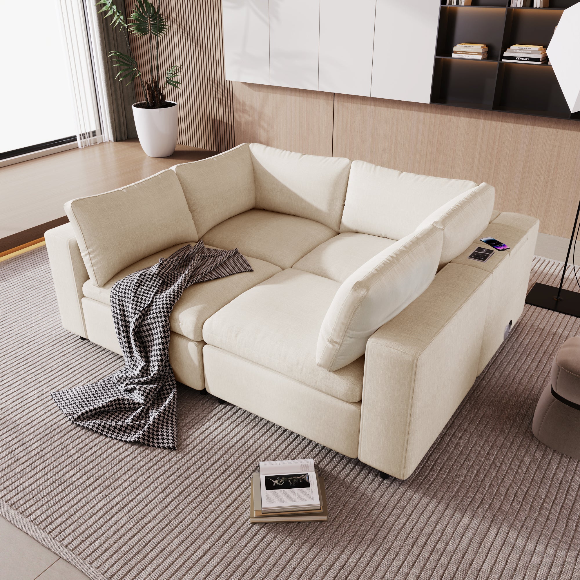 U-style Upholstered Modular Sofa with with Storage Space, USB Charge Ports,Wireless Charging and Built-in Bluetooth Speaker in Arm,Sectional sofa for Living Room Apartment.[old sku:WY000317AAA] - Groovy Boardz