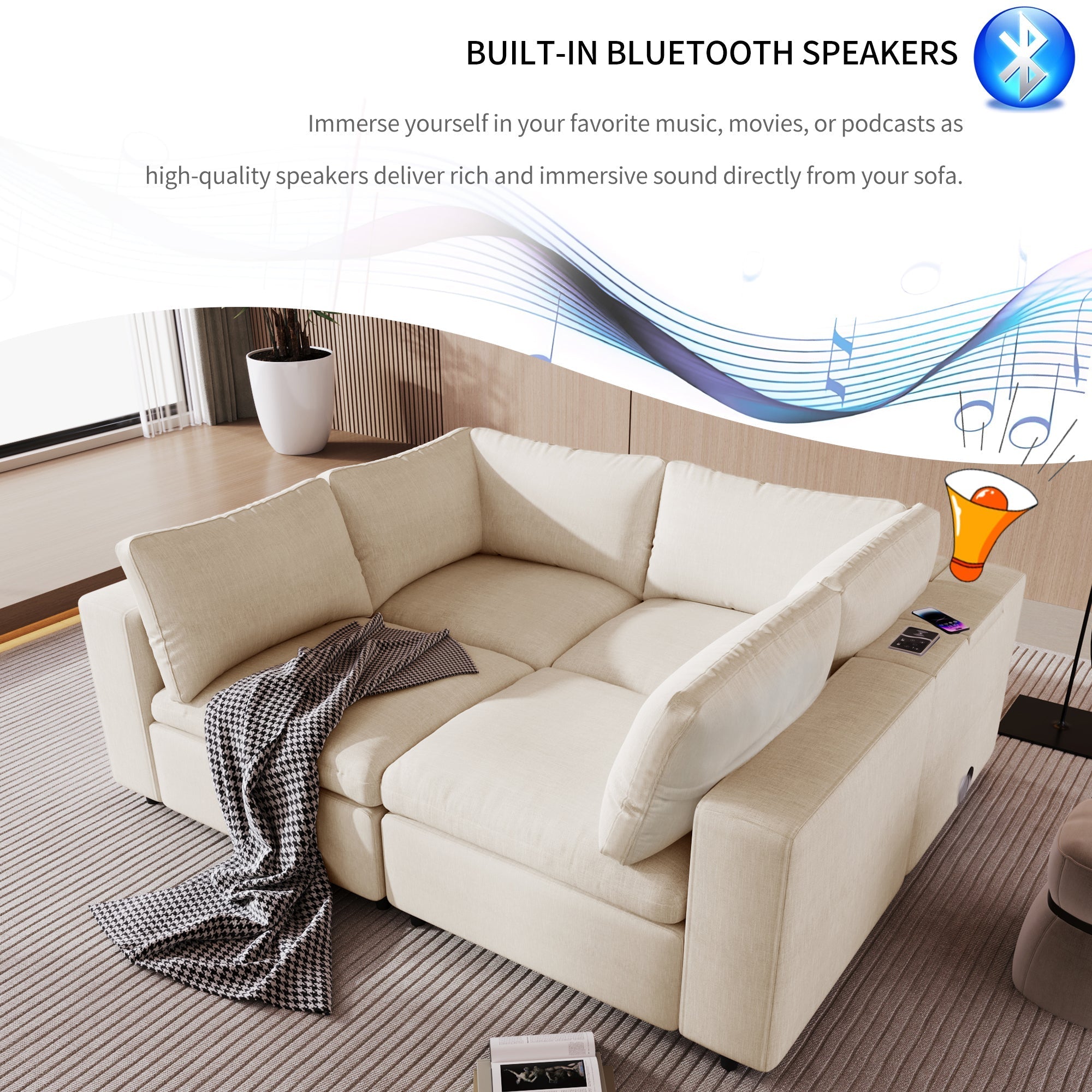 U-style Upholstered Modular Sofa with with Storage Space, USB Charge Ports,Wireless Charging and Built-in Bluetooth Speaker in Arm,Sectional sofa for Living Room Apartment.[old sku:WY000317AAA] - Groovy Boardz