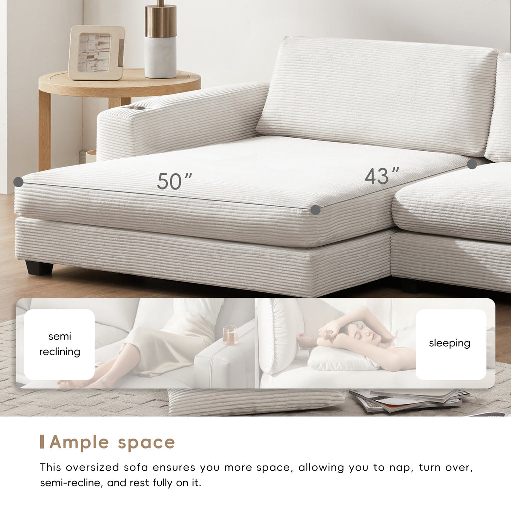 [VIDEO+NEW]134*54 Oversized Corduroy Sectional Sofa,L Shaped Cloud Couch with USB Charging Port,Cup Holder,Deep and Wide Seat Sofa with 50 Chaise,Comfy Indoor Furniture for Living Room,3 Colors