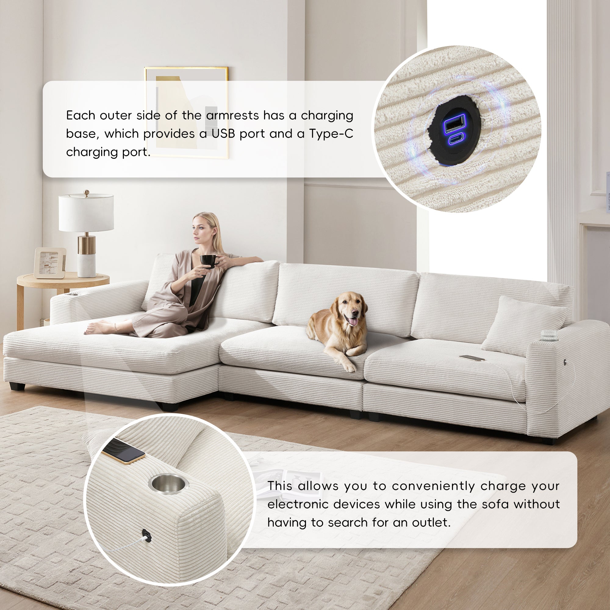 [VIDEO+NEW]134*54 Oversized Corduroy Sectional Sofa,L Shaped Cloud Couch with USB Charging Port,Cup Holder,Deep and Wide Seat Sofa with 50 Chaise,Comfy Indoor Furniture for Living Room,3 Colors