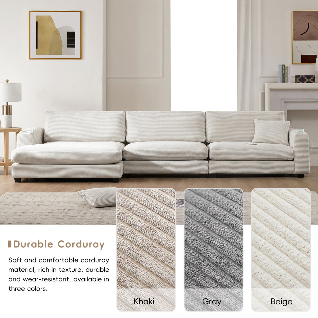 [VIDEO+NEW]134*54 Oversized Corduroy Sectional Sofa,L Shaped Cloud Couch with USB Charging Port,Cup Holder,Deep and Wide Seat Sofa with 50 Chaise,Comfy Indoor Furniture for Living Room,3 Colors