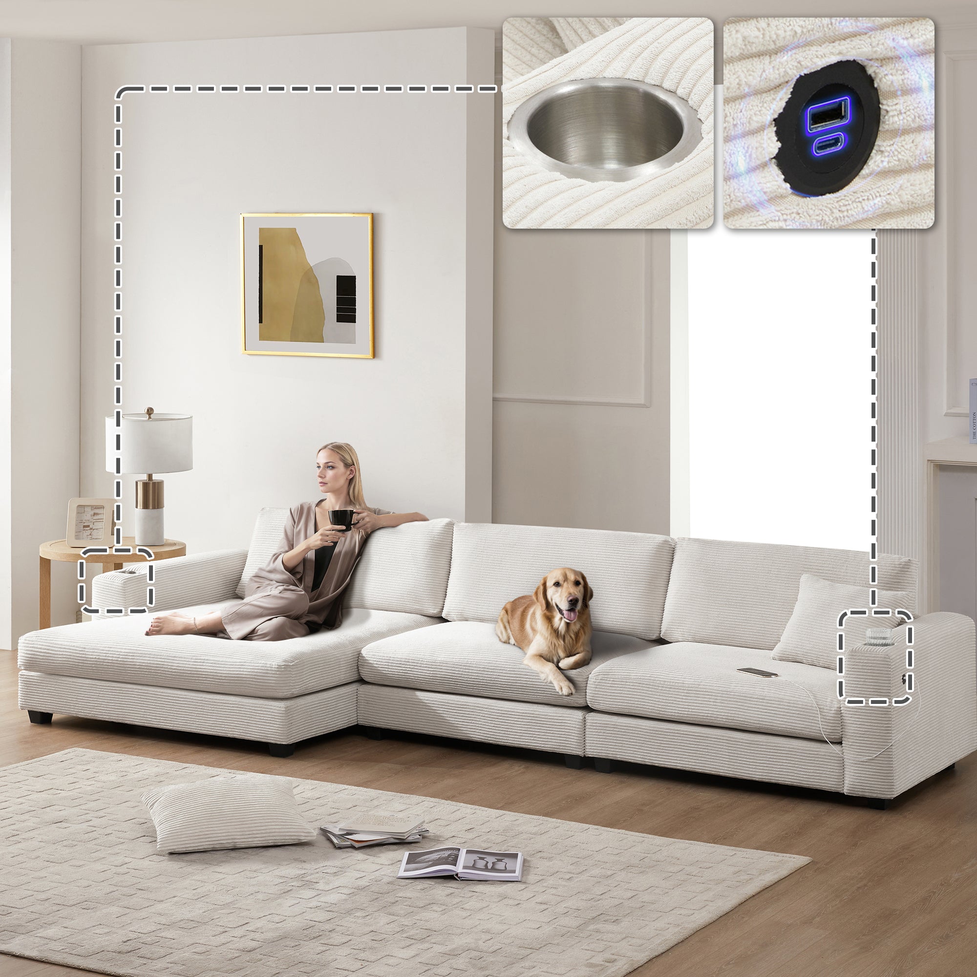 [VIDEO+NEW]134*54 Oversized Corduroy Sectional Sofa,L Shaped Cloud Couch with USB Charging Port,Cup Holder,Deep and Wide Seat Sofa with 50 Chaise,Comfy Indoor Furniture for Living Room,3 Colors