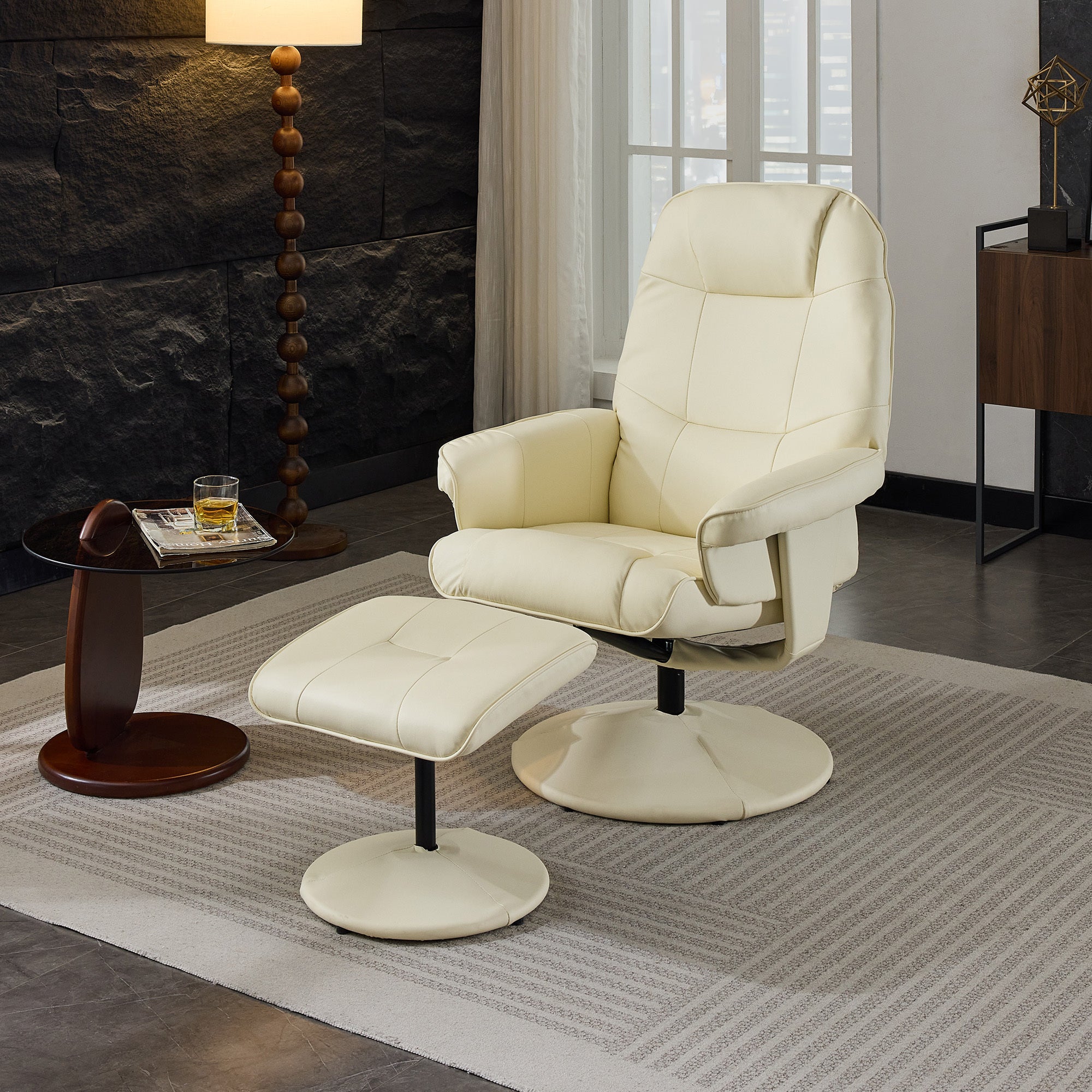 011-Massage Recliner Chair with Ottoman, 360° Swivel PU Leather Reclining Chair with Wrapped Base, 5 Point Vibration Massage, Seat Heating and 140° Adjustable Backrest for Home or Office, Beige
