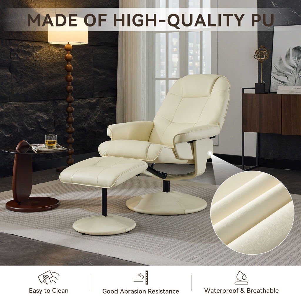 011-Massage Recliner Chair with Ottoman, 360° Swivel PU Leather Reclining Chair with Wrapped Base, 5 Point Vibration Massage, Seat Heating and 140° Adjustable Backrest for Home or Office, Beige