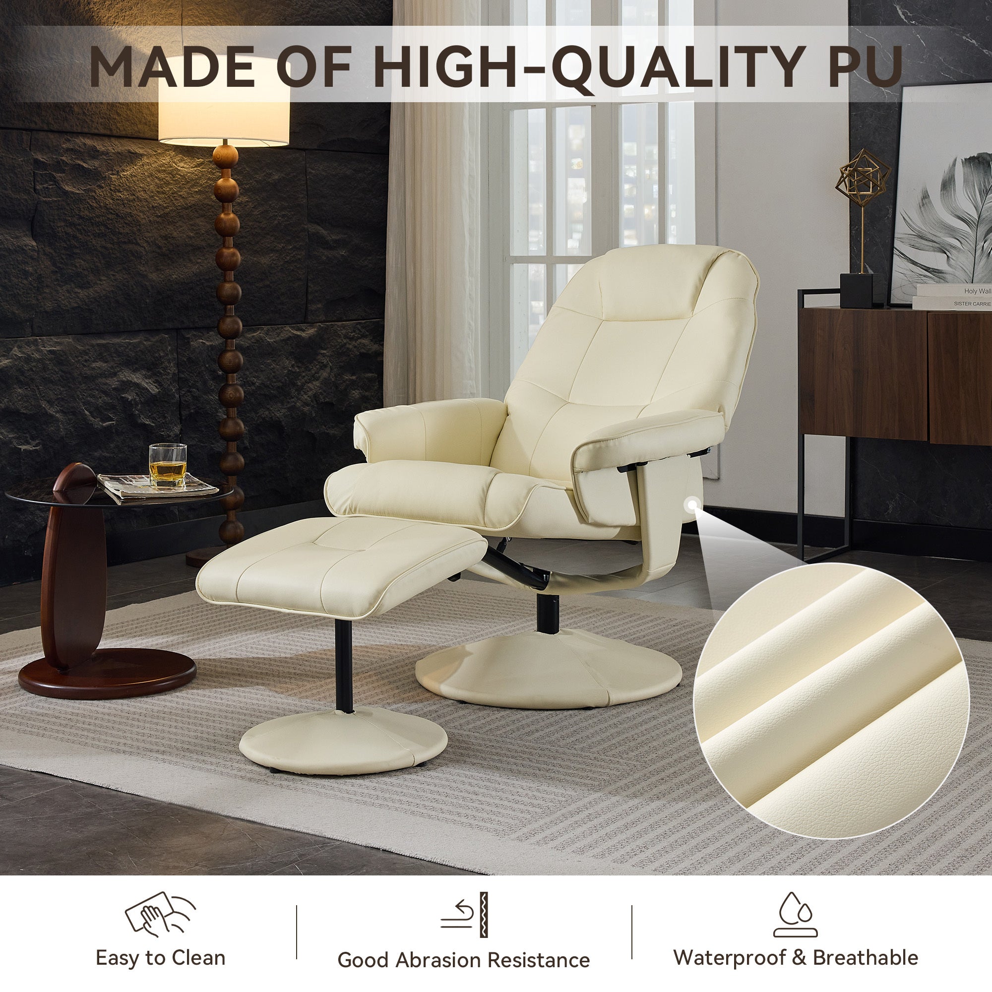 011-Massage Recliner Chair with Ottoman, 360° Swivel PU Leather Reclining Chair with Wrapped Base, 5 Point Vibration Massage, Seat Heating and 140° Adjustable Backrest for Home or Office, Beige