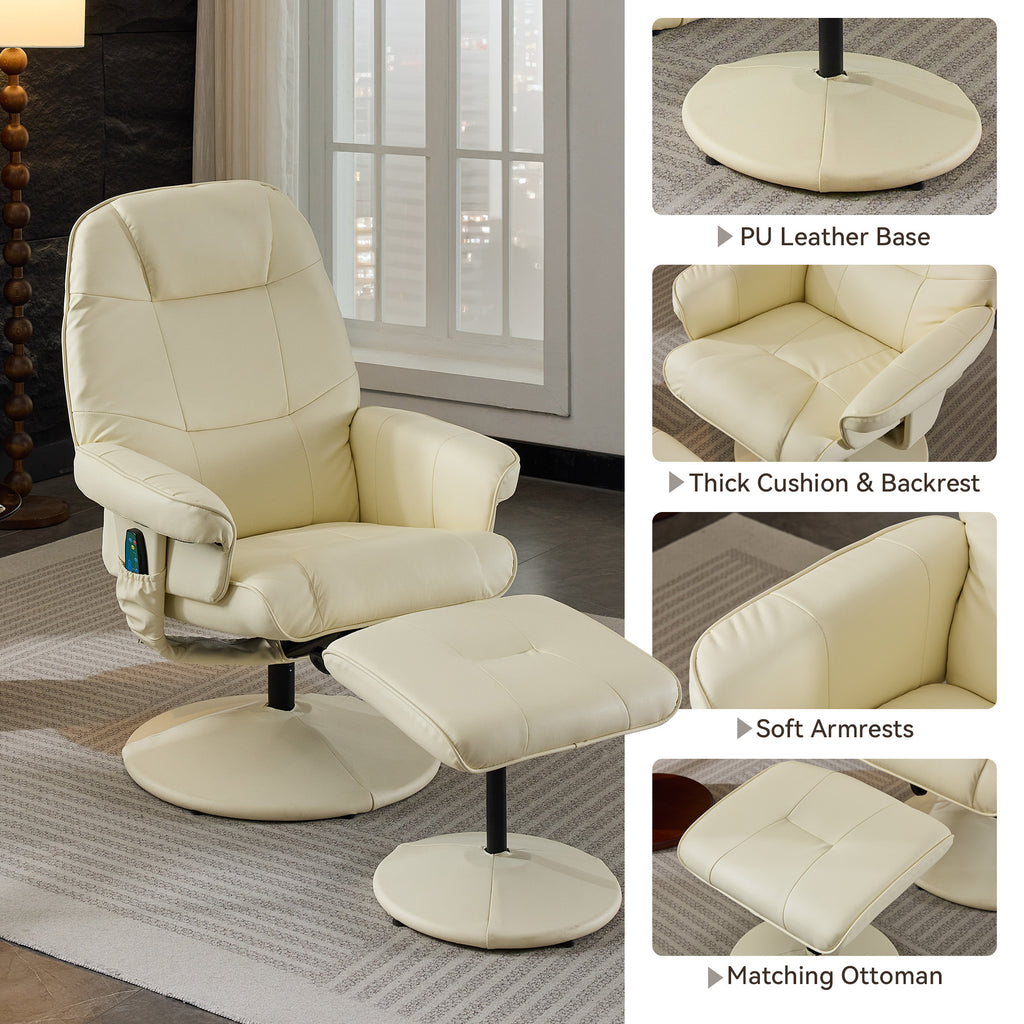 011-Massage Recliner Chair with Ottoman, 360° Swivel PU Leather Reclining Chair with Wrapped Base, 5 Point Vibration Massage, Seat Heating and 140° Adjustable Backrest for Home or Office, Beige