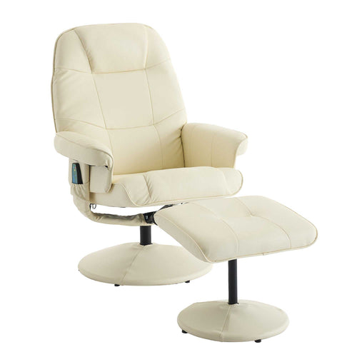 011-Massage Recliner Chair with Ottoman, 360° Swivel PU Leather Reclining Chair with Wrapped Base, 5 Point Vibration Massage, Seat Heating and 140° Adjustable Backrest for Home or Office, Beige