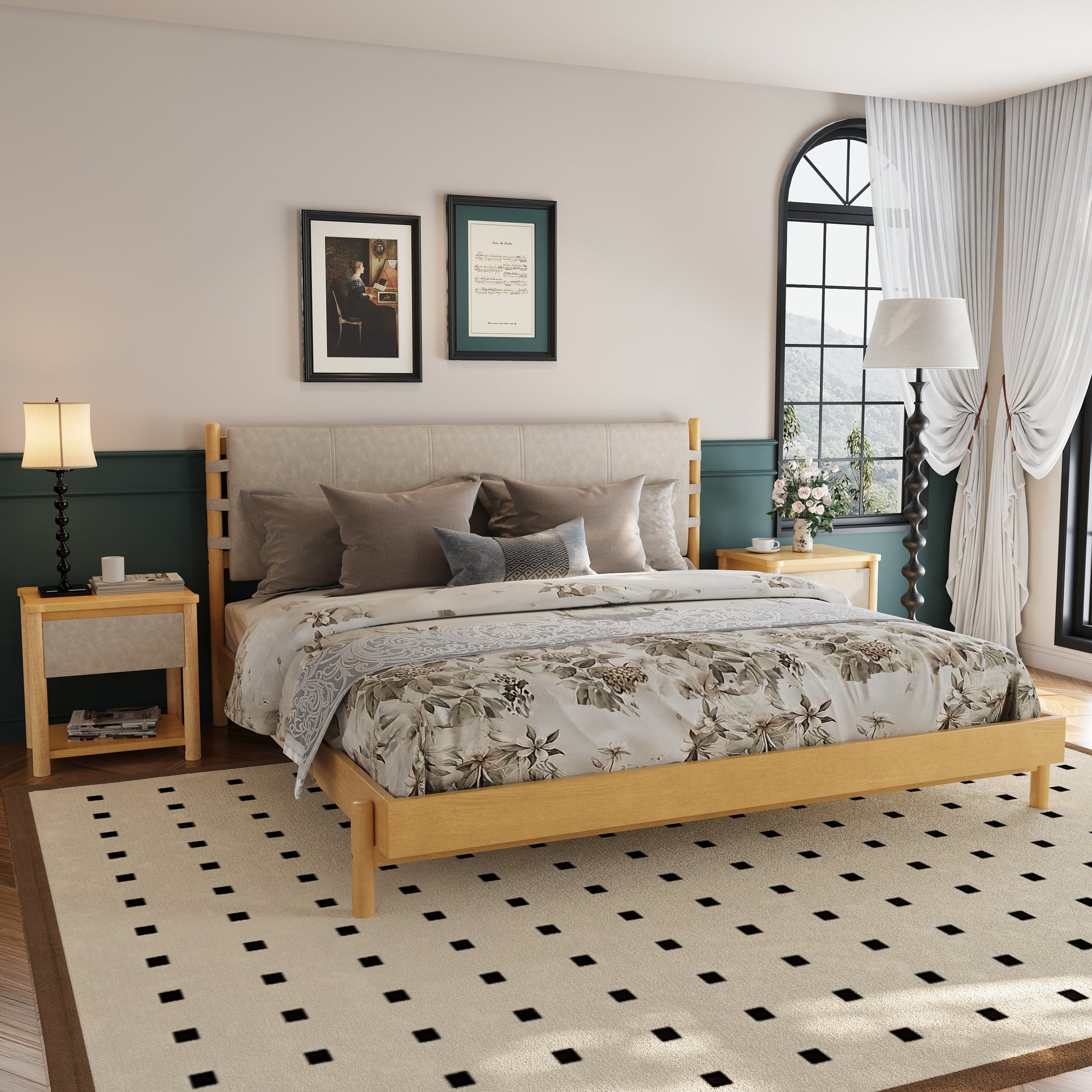 Modern King Bed Frame Set with 2 Nightstands, Beige Wood Platform Bed with Headboard and Matching Bedside Tables for Bedroom Bedroom Set