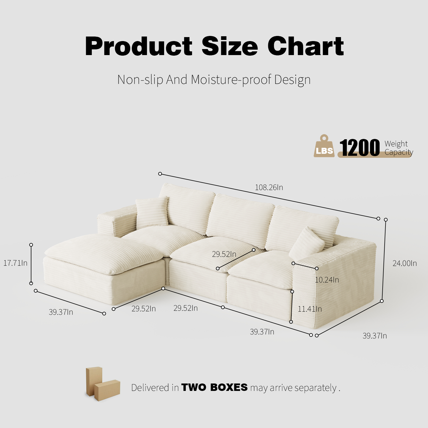 108' Cloud Sectional Couch with L-Shape Chaise, Left-right interchangeable,Modern Modular Sofa with Deep Seat, Upholstered Couches for Living Room Bedroom,No Assembly Required, Soft Plush Corduroy Fab