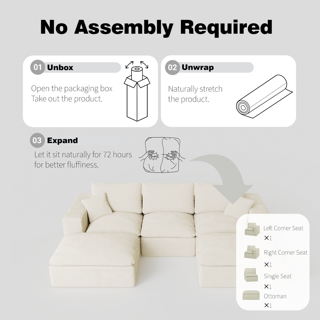 108' Cloud Sectional Couch with L-Shape Chaise, Left-right interchangeable,Modern Modular Sofa with Deep Seat, Upholstered Couches for Living Room Bedroom,No Assembly Required, Soft Plush Corduroy Fab