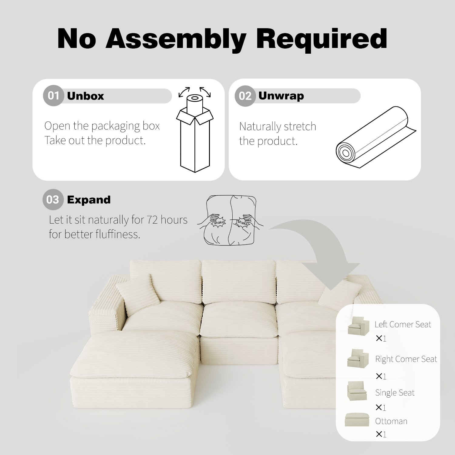 108' Cloud Sectional Couch with L-Shape Chaise, Left-right interchangeable,Modern Modular Sofa with Deep Seat, Upholstered Couches for Living Room Bedroom,No Assembly Required, Soft Plush Corduroy Fab