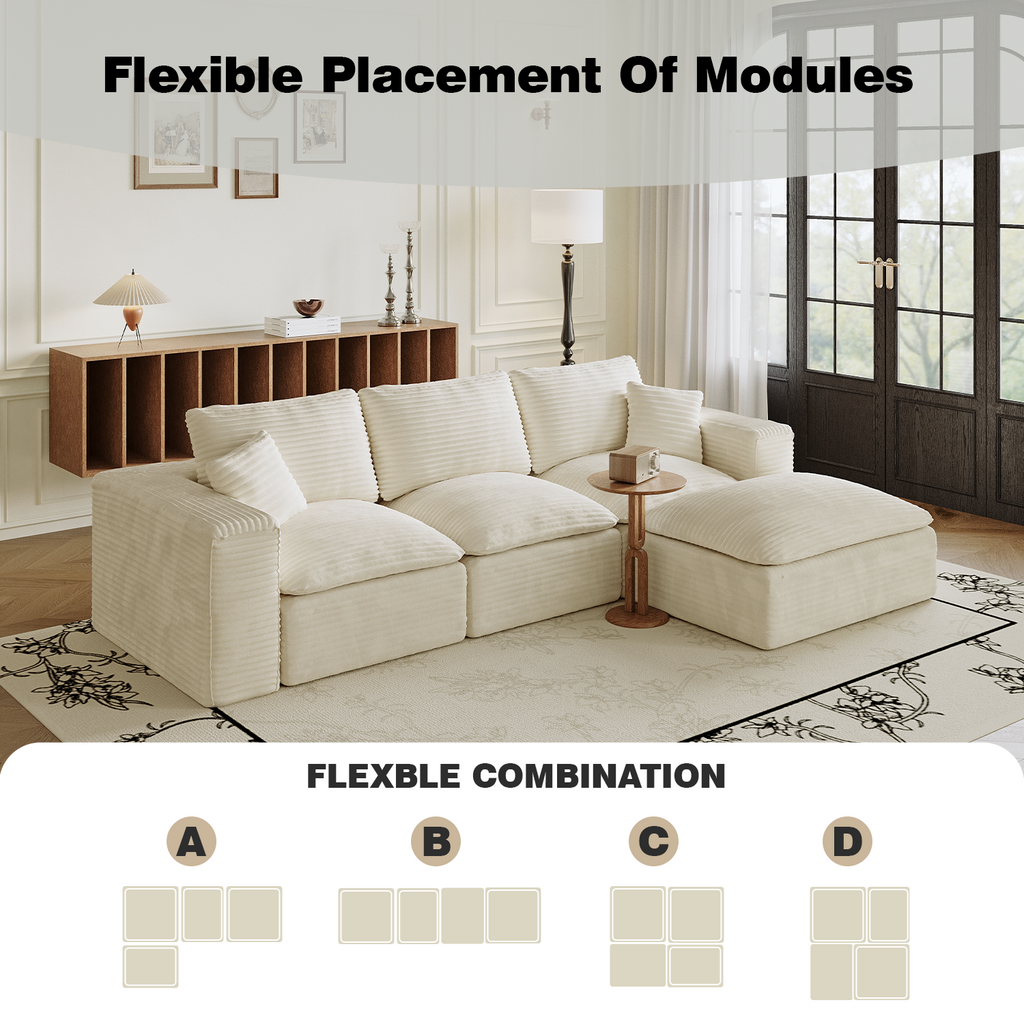108' Cloud Sectional Couch with L-Shape Chaise, Left-right interchangeable,Modern Modular Sofa with Deep Seat, Upholstered Couches for Living Room Bedroom,No Assembly Required, Soft Plush Corduroy Fab