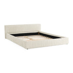 Modern Beige Queen Size Upholstered Platform Bed Frame with Chenille Fabric and Pleated Design