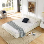 Modern Beige Queen Size Upholstered Platform Bed Frame with Chenille Fabric and Pleated Design