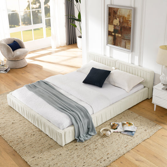 Modern Beige Queen Size Upholstered Platform Bed Frame with Chenille Fabric and Pleated Design