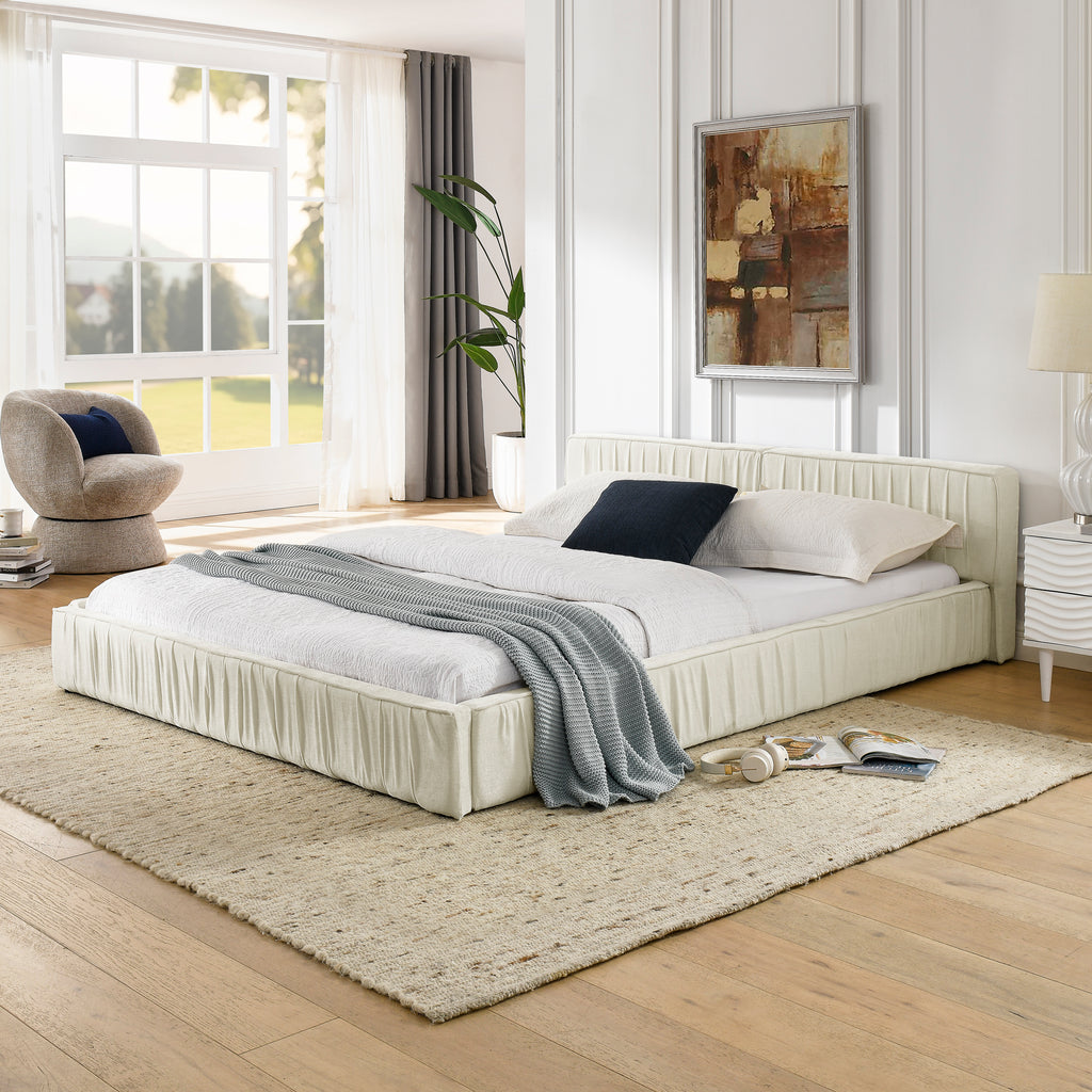 Modern Beige Queen Size Upholstered Platform Bed Frame with Chenille Fabric and Pleated Design