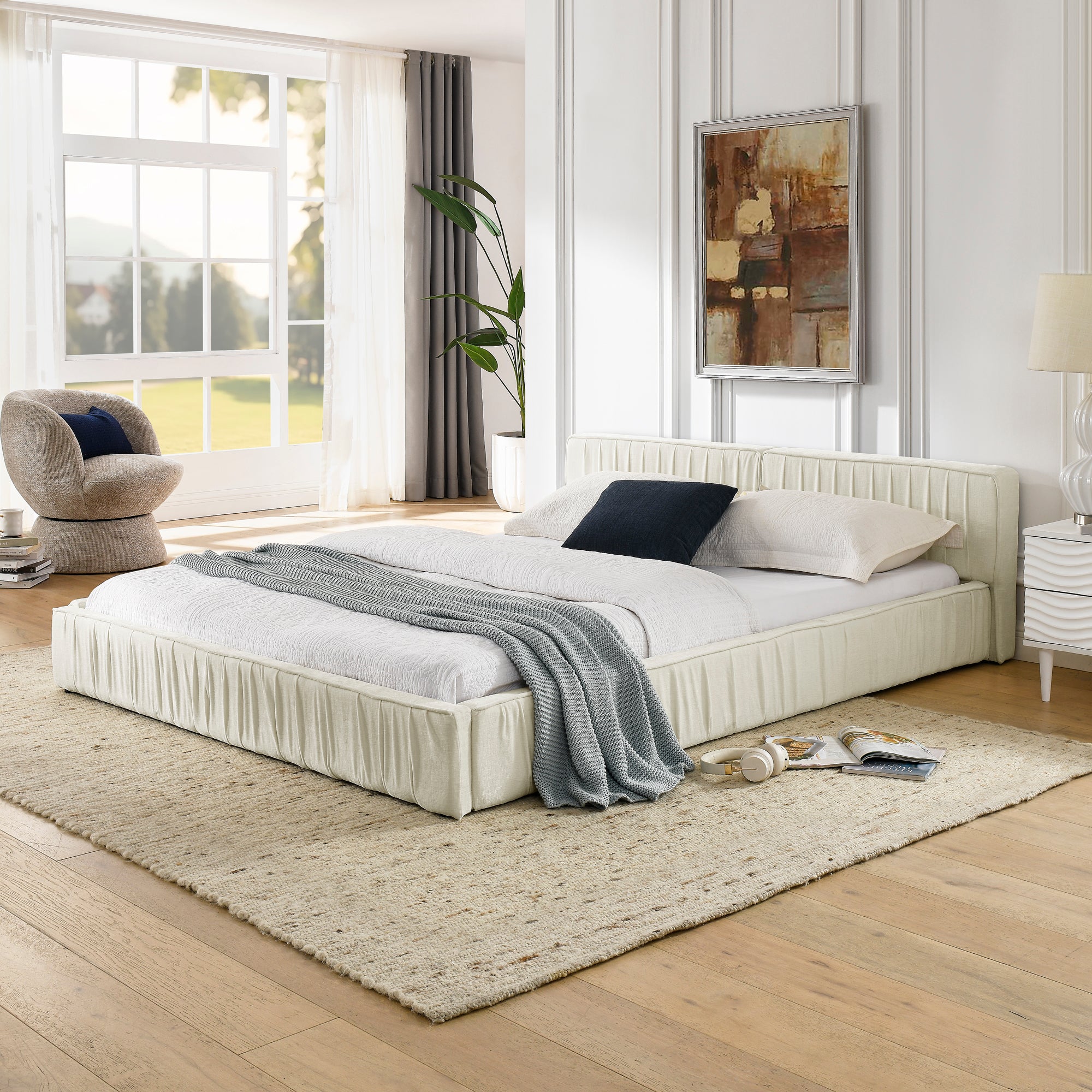 Modern Beige Queen Size Upholstered Platform Bed Frame with Chenille Fabric and Pleated Design
