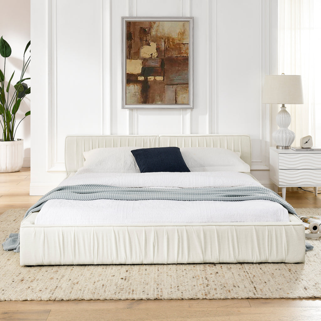 Modern Beige Queen Size Upholstered Platform Bed Frame with Chenille Fabric and Pleated Design