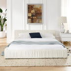 Modern Beige Queen Size Upholstered Platform Bed Frame with Chenille Fabric and Pleated Design