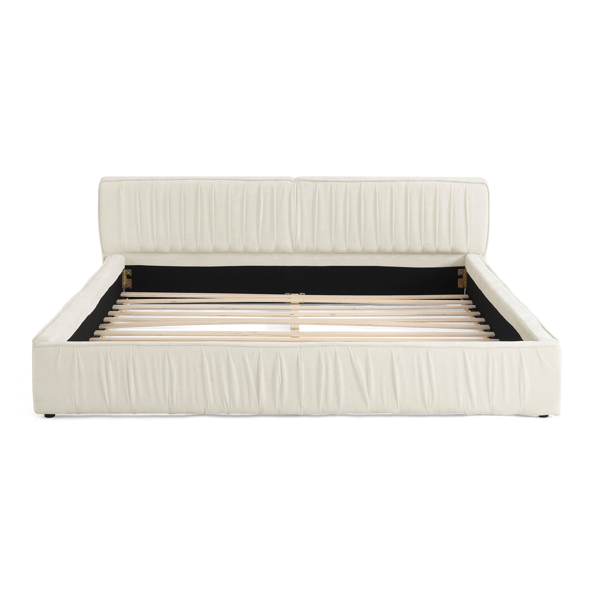 Modern Beige Queen Size Upholstered Platform Bed Frame with Chenille Fabric and Pleated Design