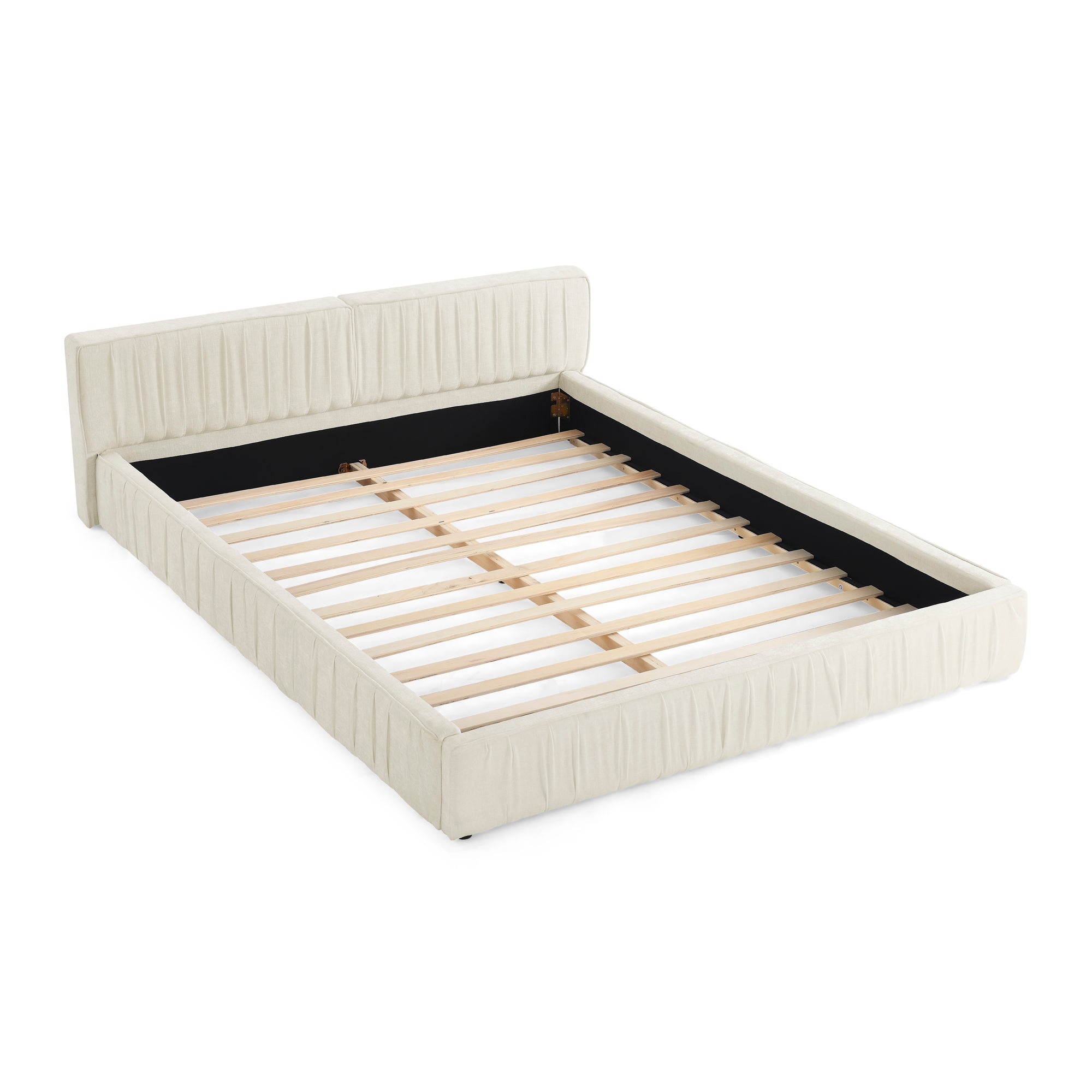 Modern Beige Queen Size Upholstered Platform Bed Frame with Chenille Fabric and Pleated Design