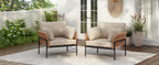 [Set of 2] 36' Beige and Light Wood-Tone Rope Iron Lounge Chair with Cushions, Perfect for Natural and Modern Spaces