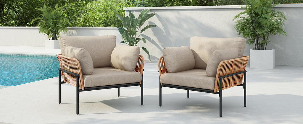 [Set of 2] 36' Beige and Light Wood-Tone Rope Iron Lounge Chair with Cushions, Perfect for Natural and Modern Spaces