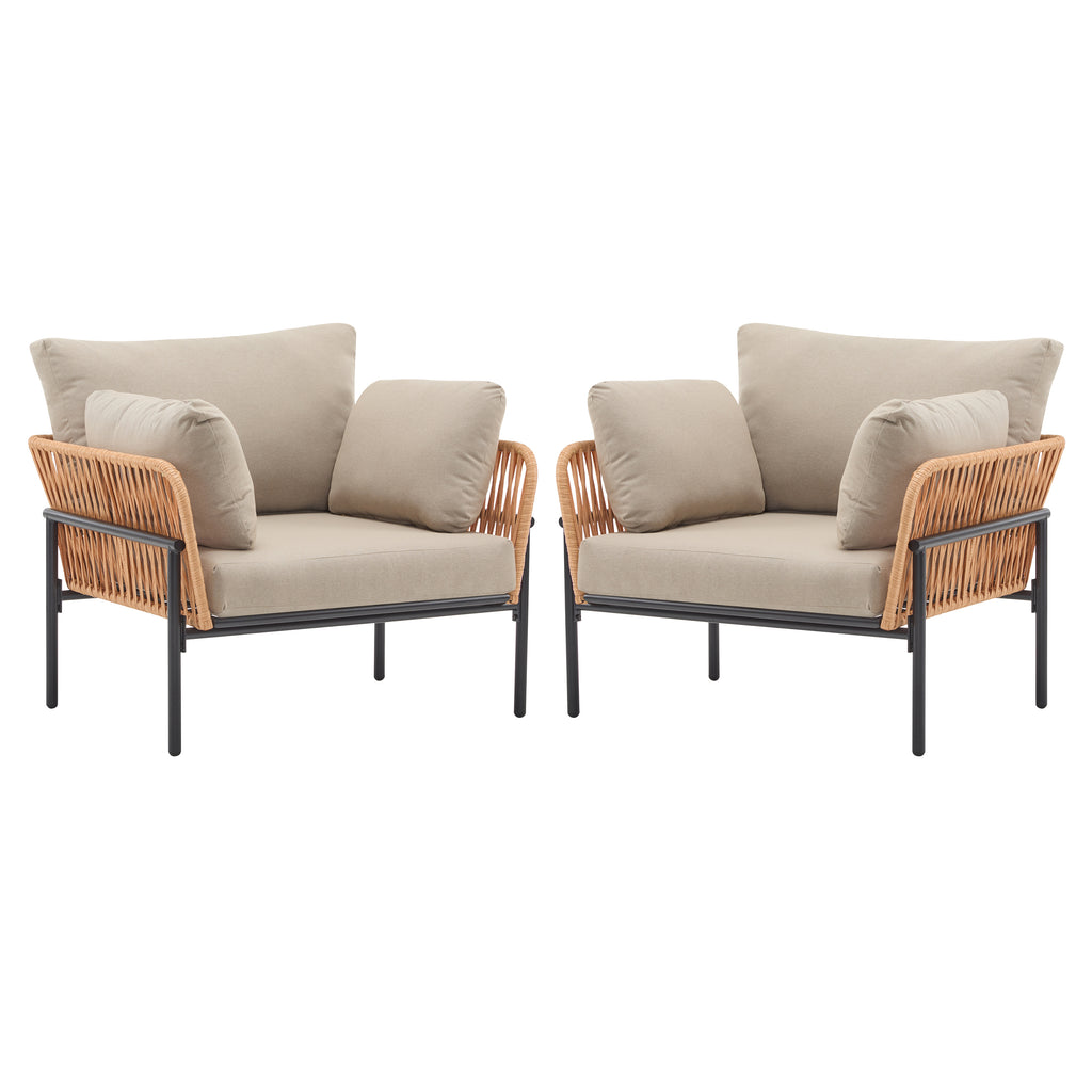 [Set of 2] 36' Beige and Light Wood-Tone Rope Iron Lounge Chair with Cushions, Perfect for Natural and Modern Spaces